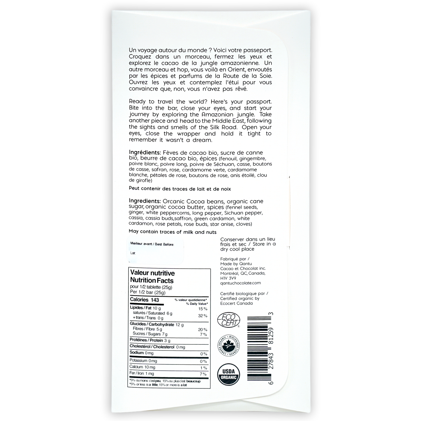 Qantu Silk Road 70% dark chocolate with spices white wrapper