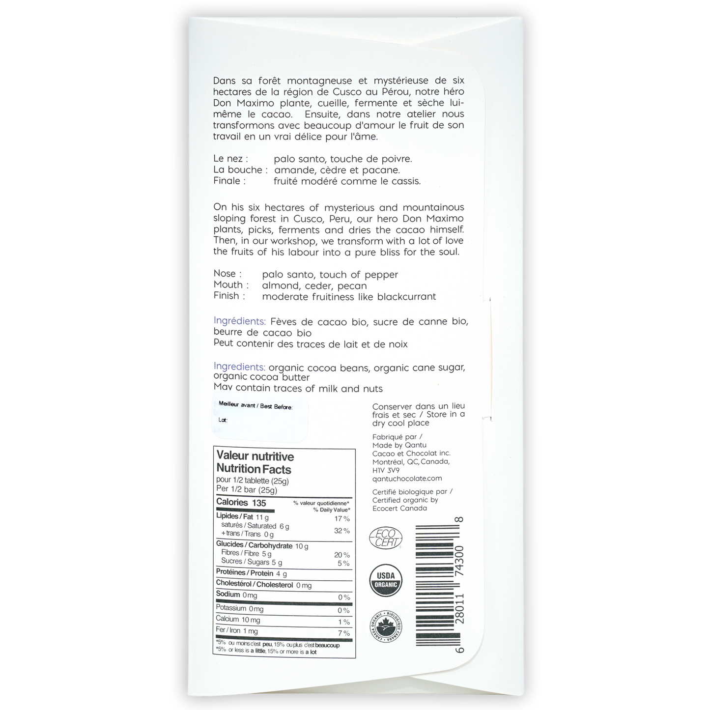 Back of Qantu Chocolate Don Maximo’s Quest 80% Limited wrapper with ingredients and nutrition facts