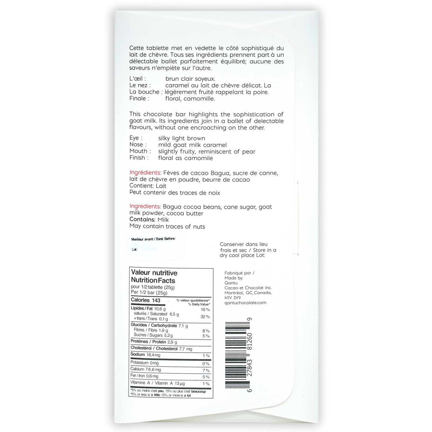 Qantu Chocolate Goat Milk Dreams of Cashmere 55% white wrapper with barcode