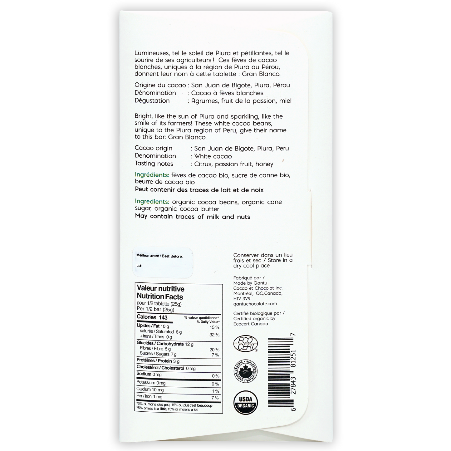 Qantu Chocolate Gran Blanco 70% organic white chocolate bar packaging