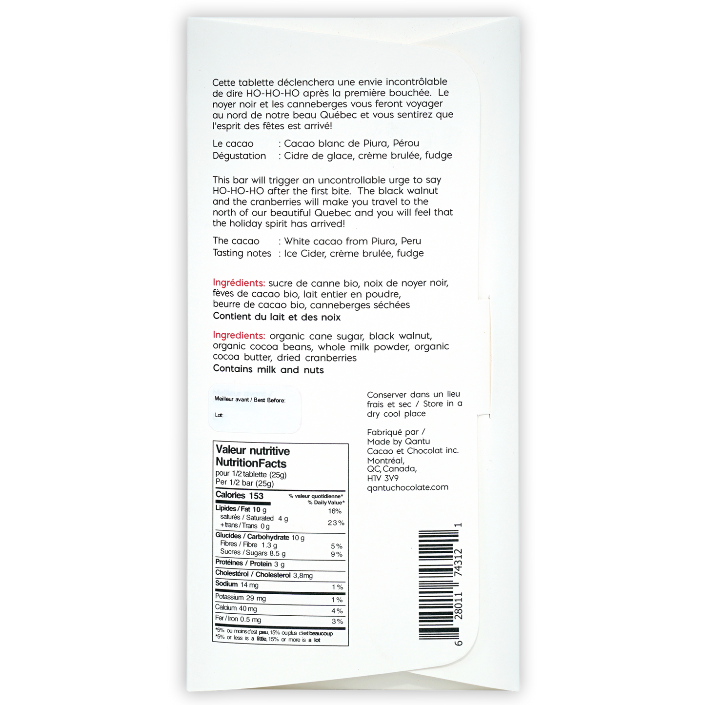 Qantu Ho Ho Ho! Milk Chocolate 45% w/ Black Walnut & Cranberries (Seasonal)