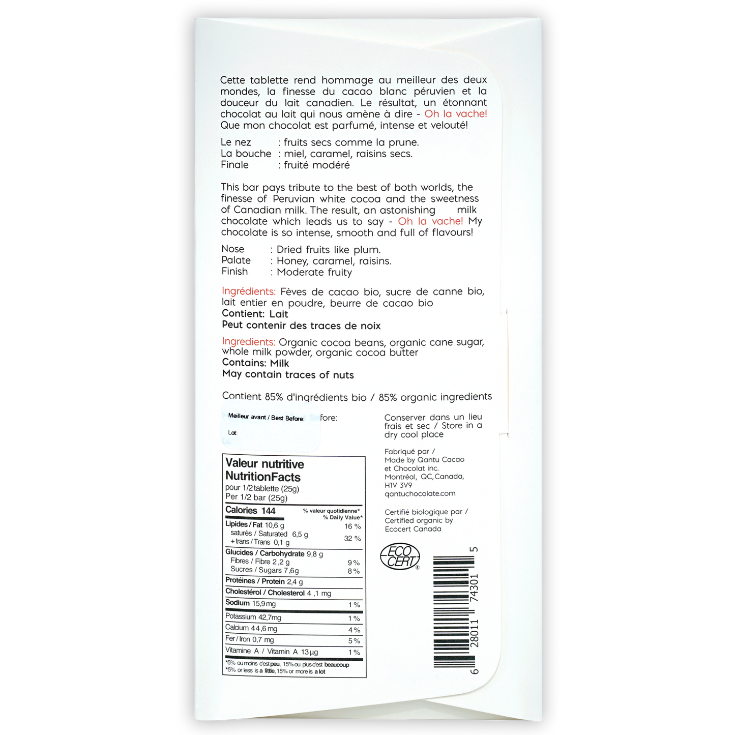 Back of Qantu Dark Milk Chocolate Oh La Vache! 60% wrapper with bilingual info