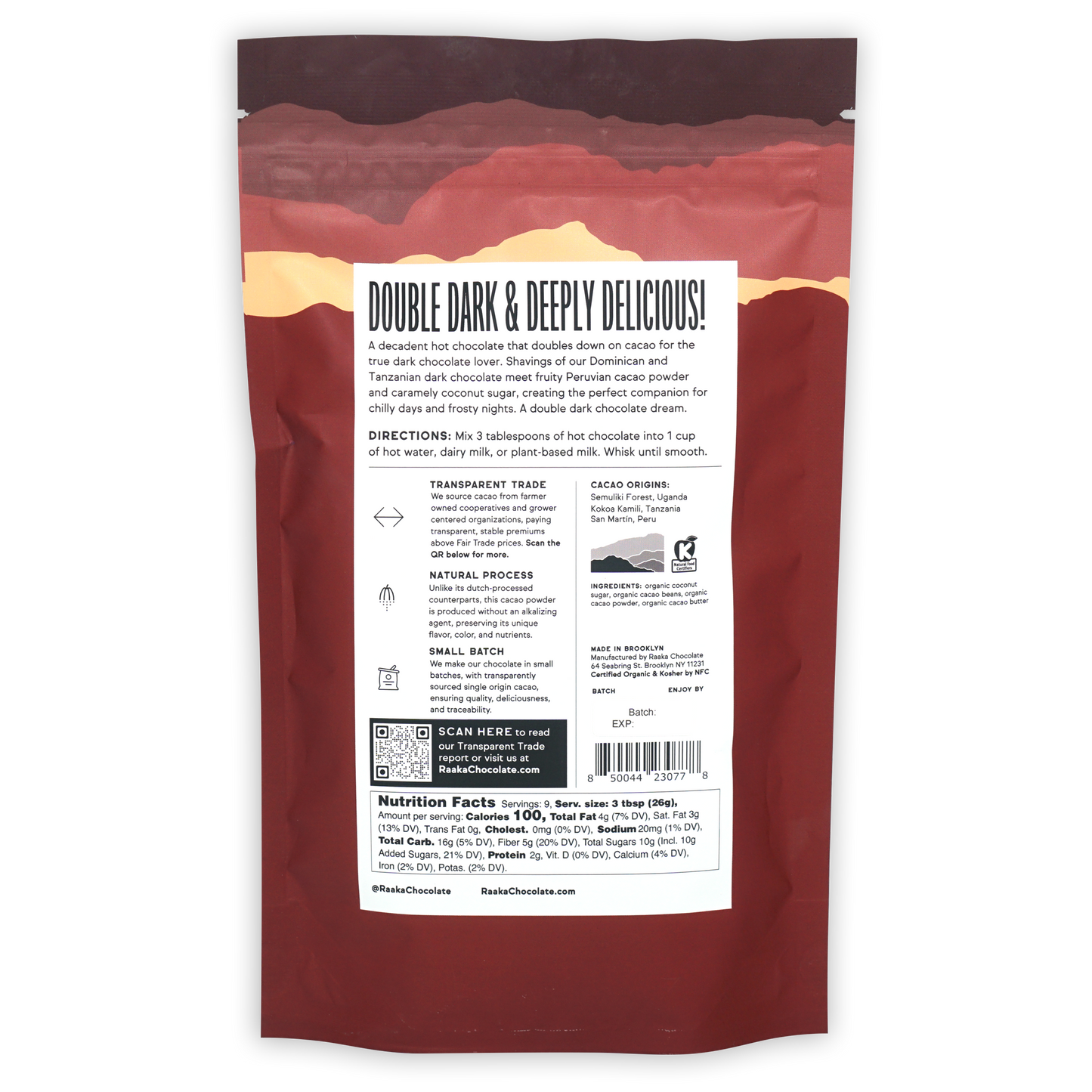 Raaka Double Dark Hot Chocolate pouch back with ingredients