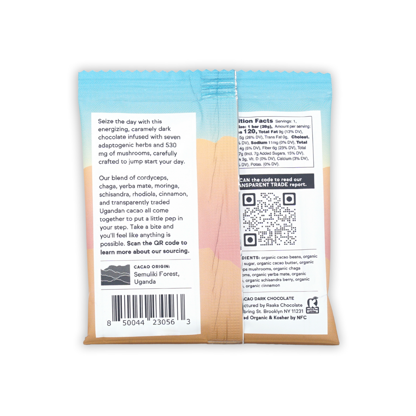 Raaka Day Break 63% functional dark chocolate bar with adaptogens and mushrooms