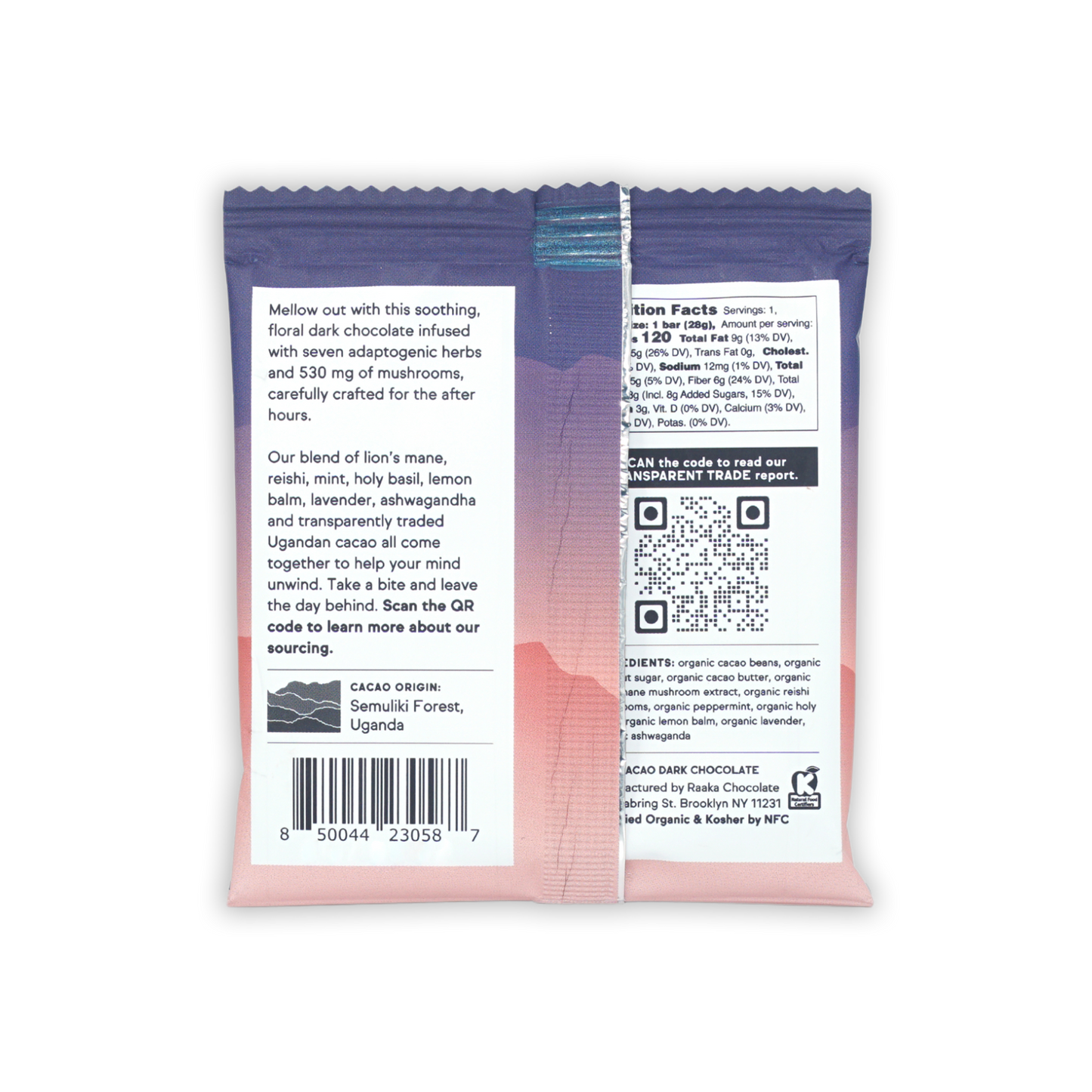 Raaka Mellow Moon 64% dark chocolate bar with pink-purple gradient and adaptogenic herbs