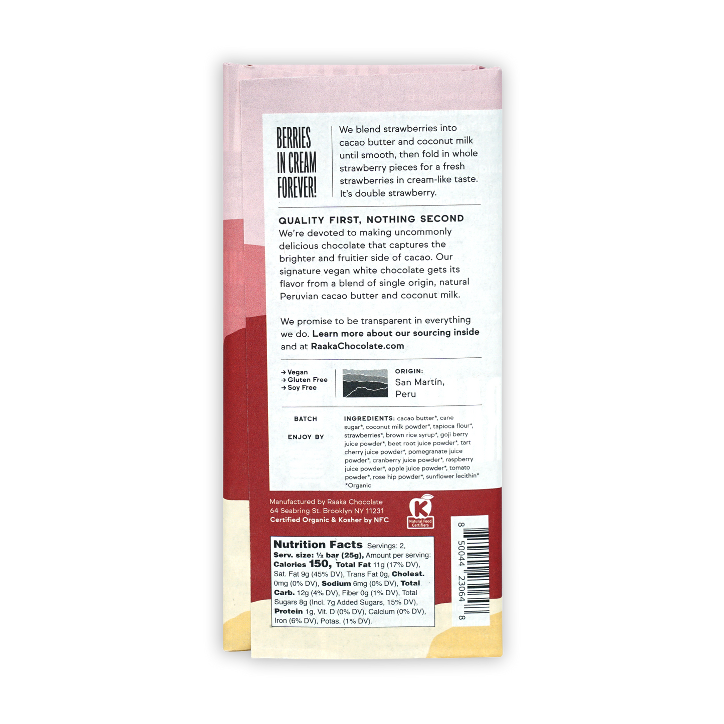 Raaka White Chocolate Strawberry and Cream 29% pink-wrapped bar