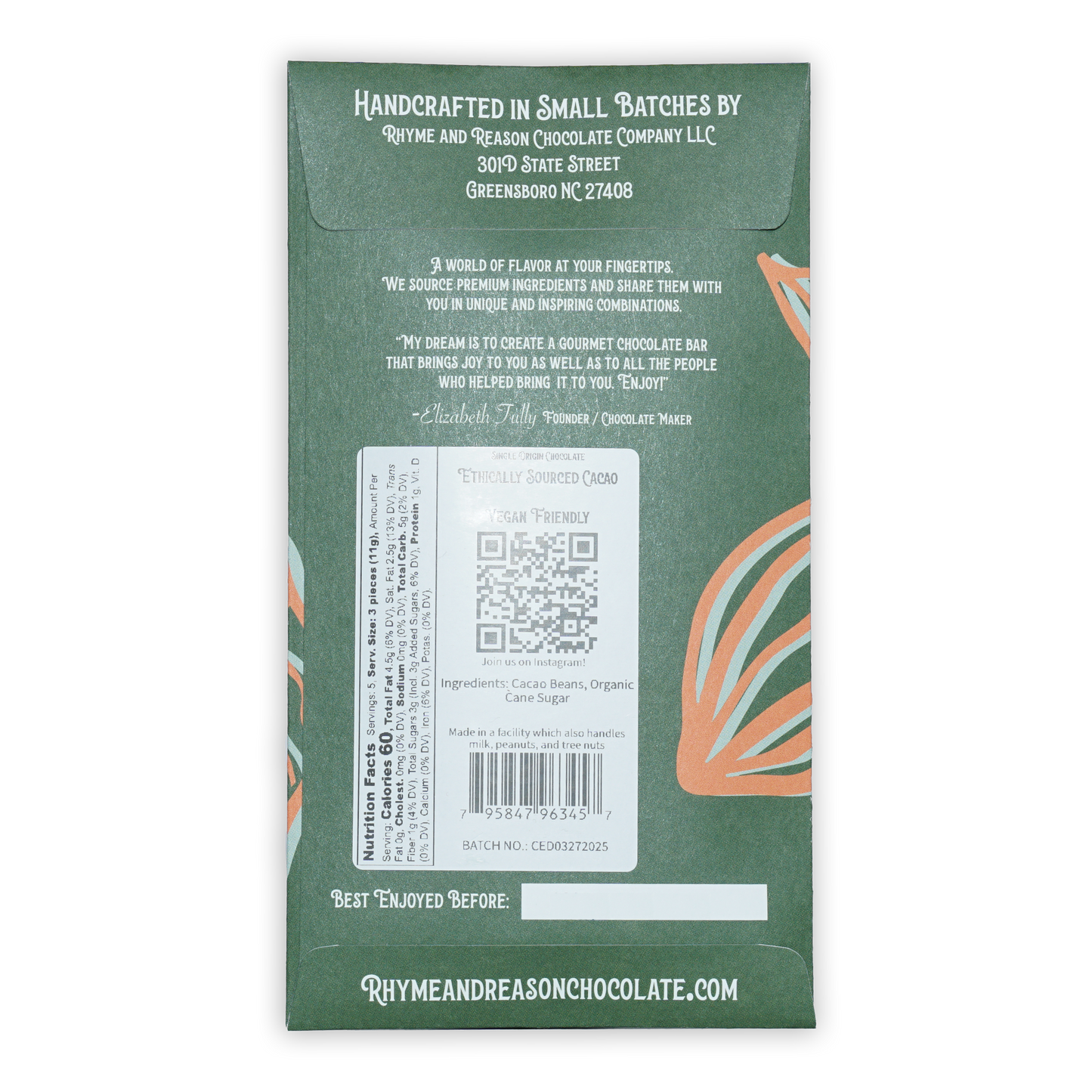 Back of Rhyme and Reason Dark Ecuador 75% bar: green wrapper with leaf patterns