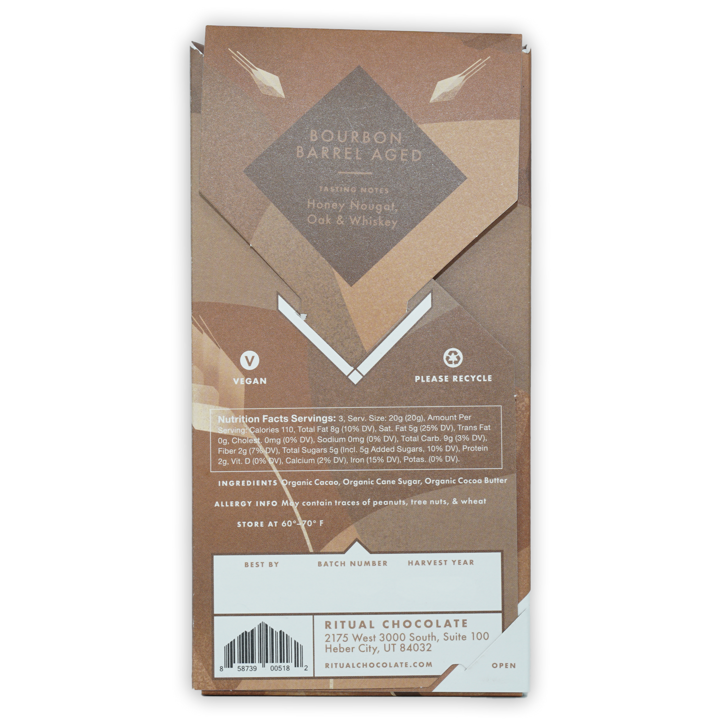 Ritual Bourbon Barrel Aged 75% vegan chocolate bar wrapper