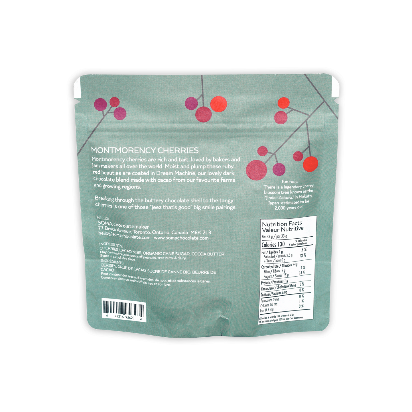 Soma Dark Chocolate Covered Cherries teal resealable pouch