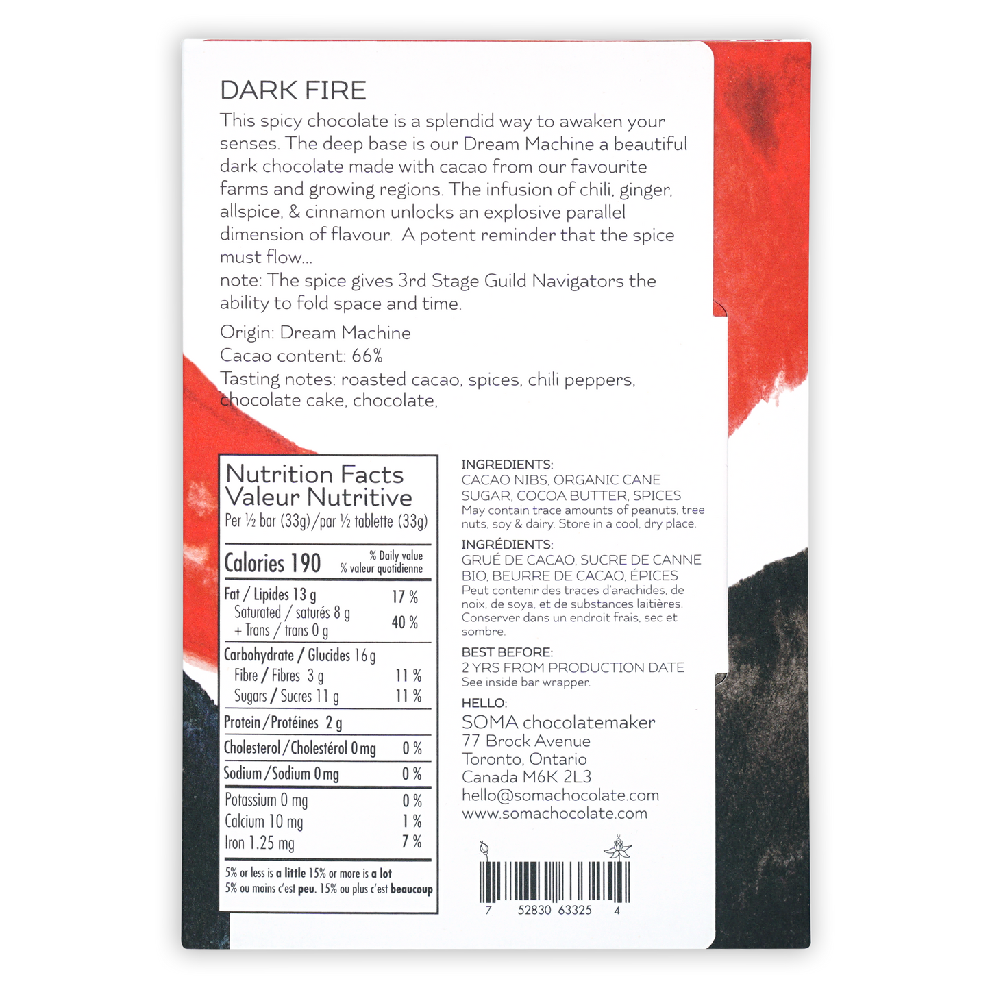 Soma Dark Fire 66% chocolate bar with spicy red white wrapper