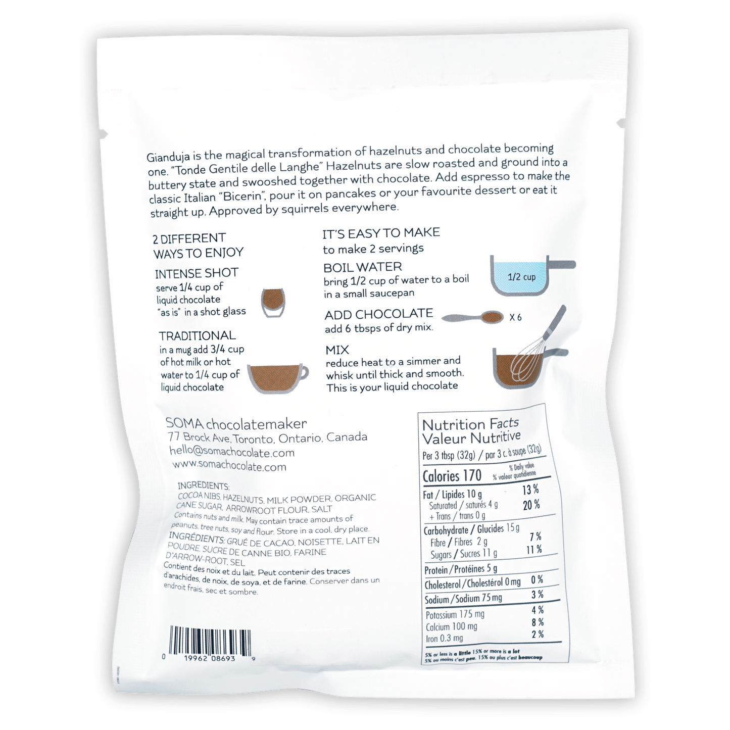 Back of Soma Drinking Chocolate Gianduja white paper packaging with black text and preparation illustrations