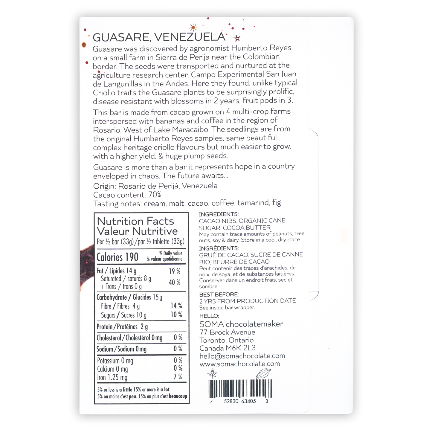 Back of Soma Guasare Venezuela 70% chocolate bar label with bilingual nutrition facts