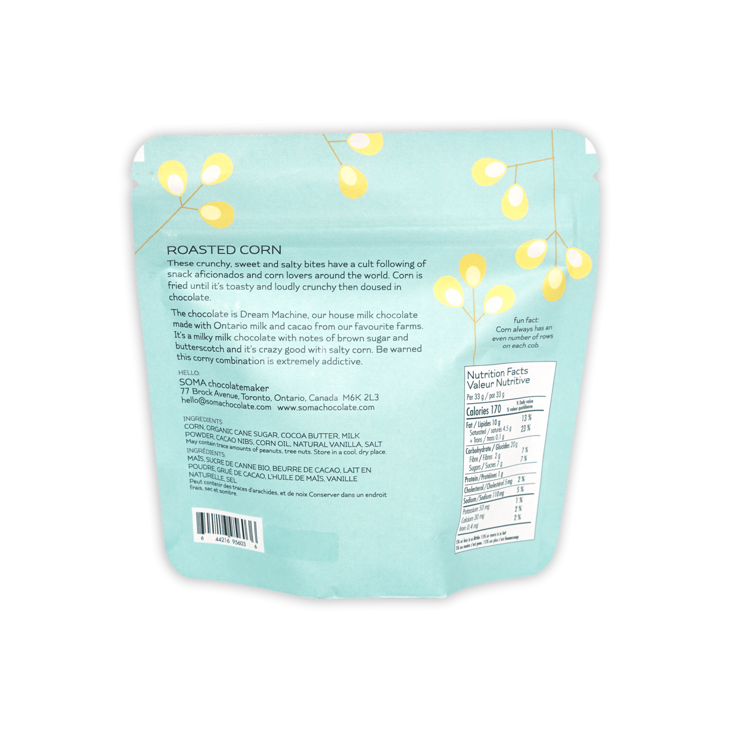Soma milk chocolate covered roasted corn light blue pouch with yellow string lights