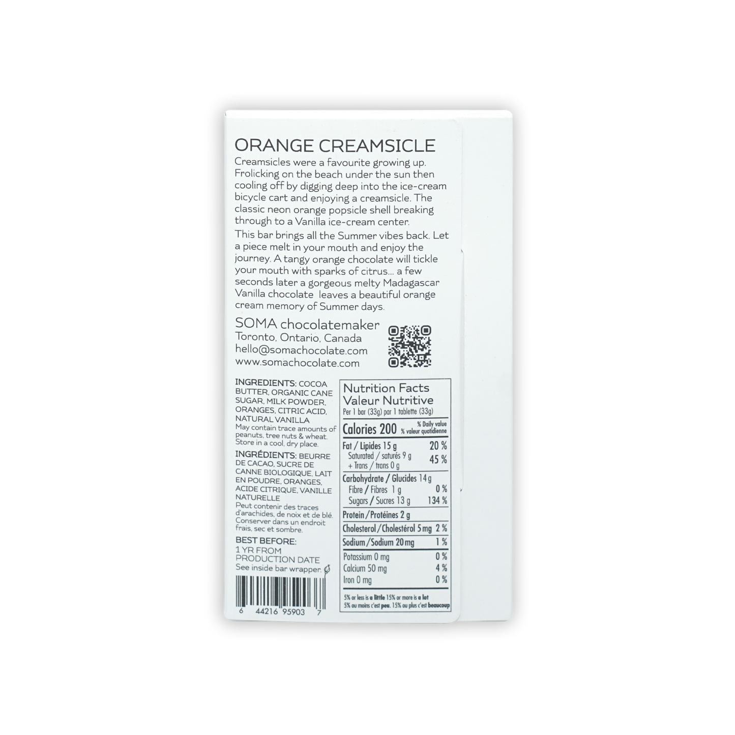 Back of Soma Mini Orange Creamsicle Bar white wrapper with black text and barcode