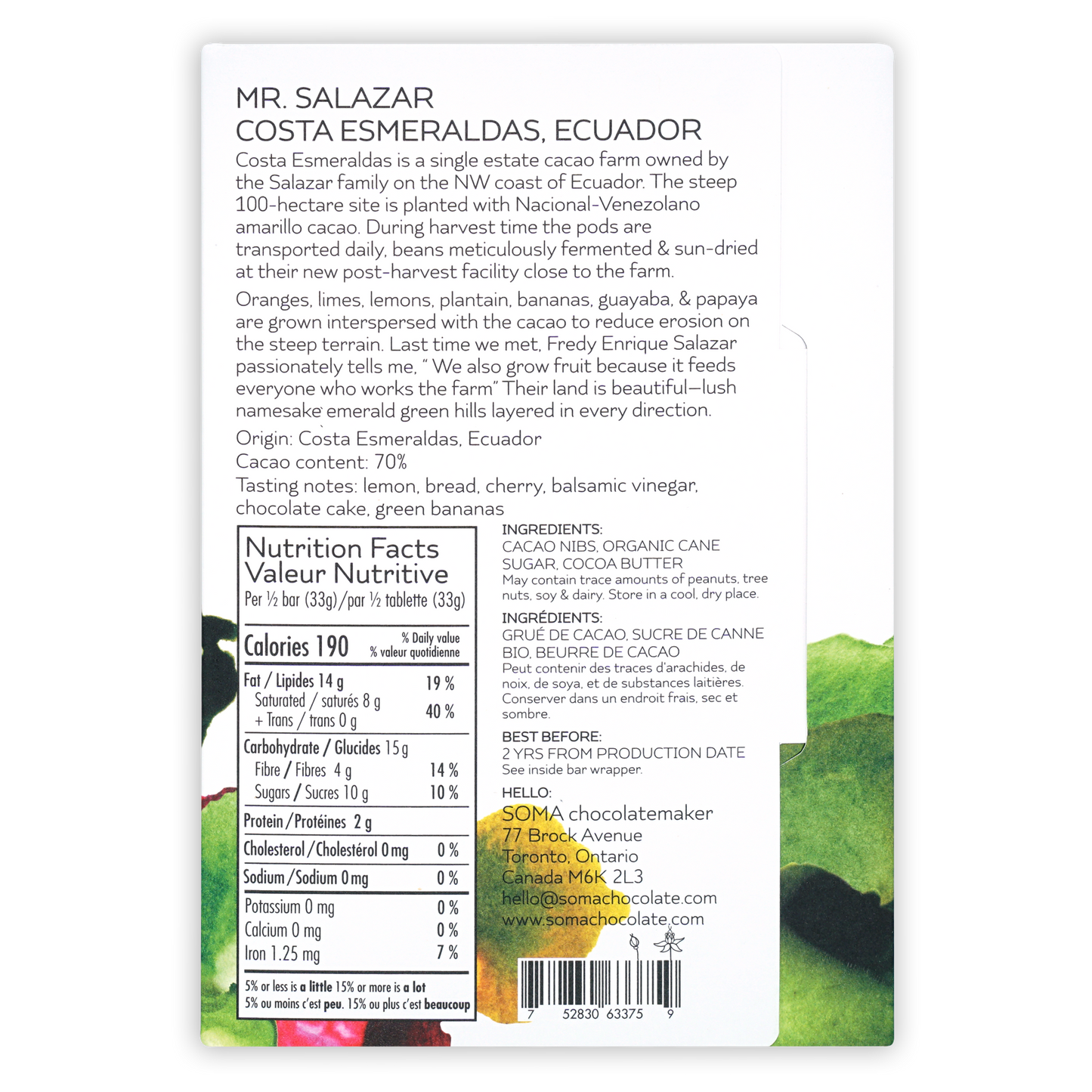 Back label of Soma Mr. Salazar Costa Esmeraldas 70% chocolate bar from Ecuador