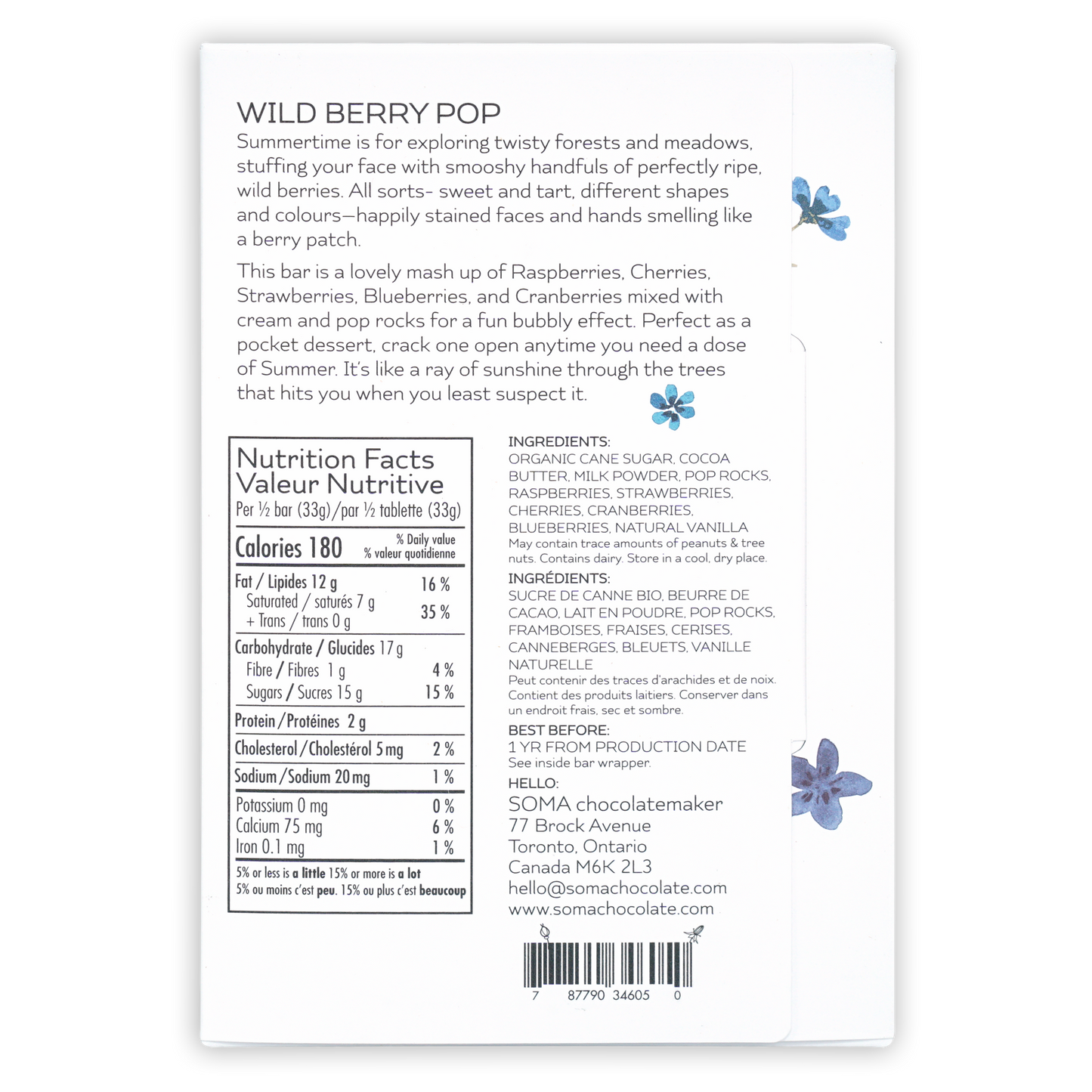 Soma Wild Berry Pop white chocolate bar with blue floral design and berries Pop Rocks