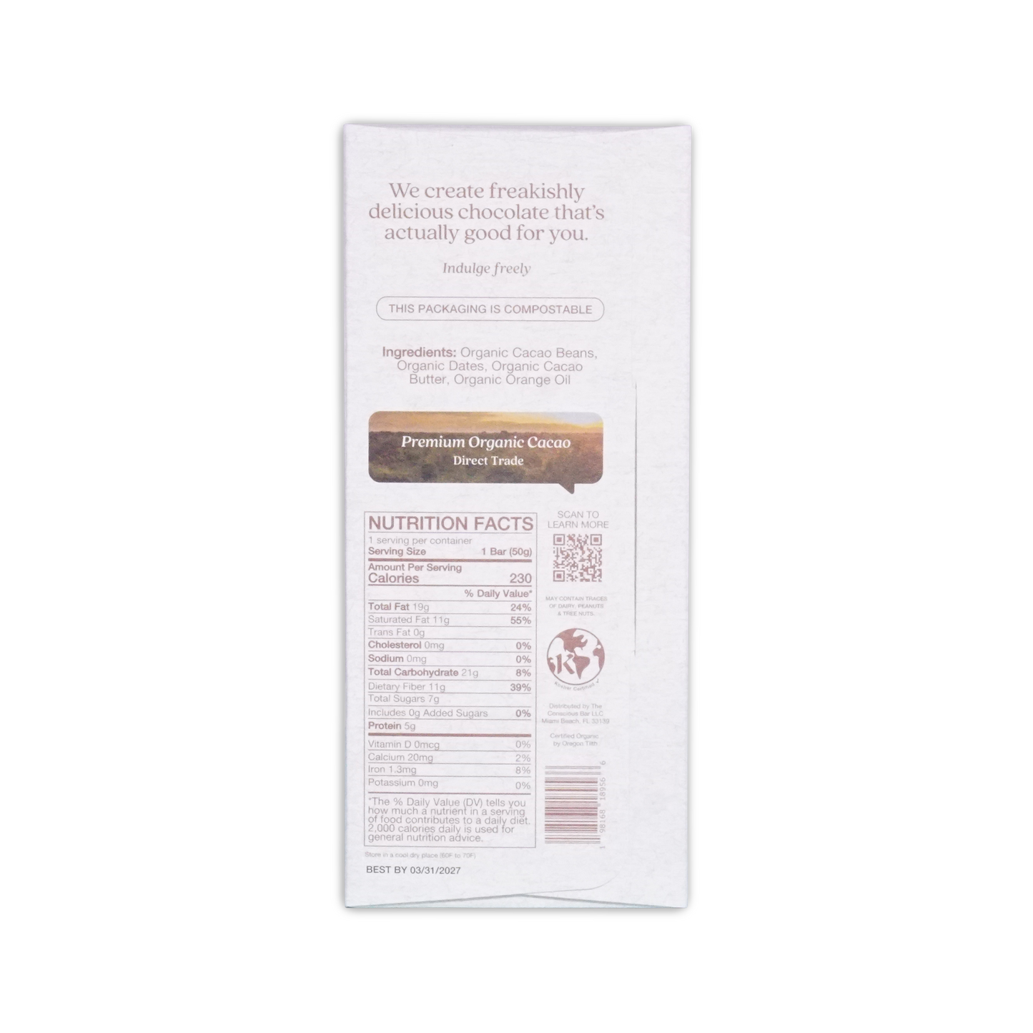 White rectangular chocolate bar wrapper with brown and black text featuring premium organic cacao branding for the conscious bar dark orange blossom 72%