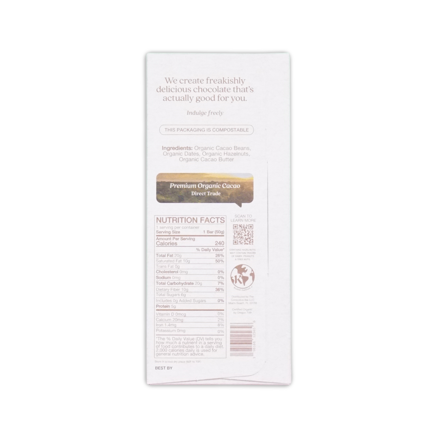 White rectangular wrapper of The Conscious Bar dark roasted hazelnuts 72 percent with premium organic cacao label