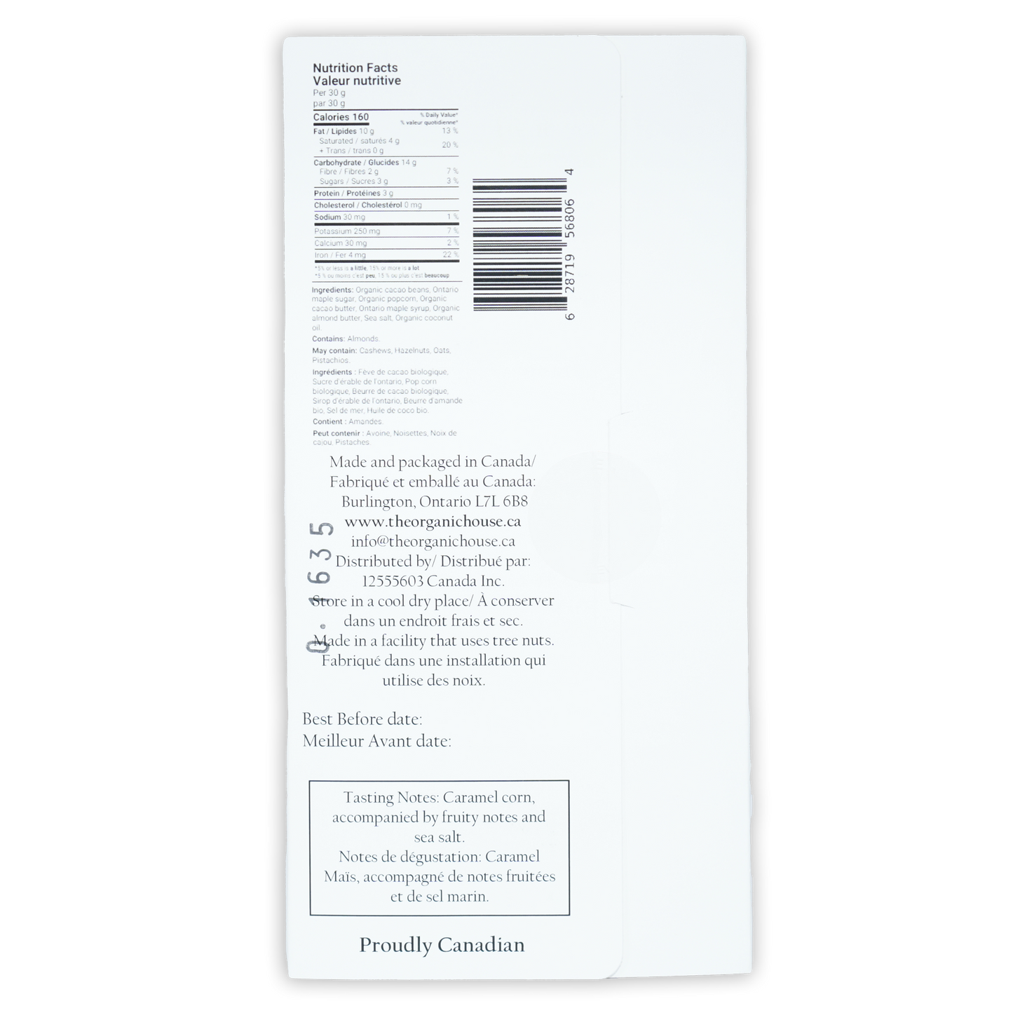 White paper label on The Organic House Movie Night 60% Canadian organic candy