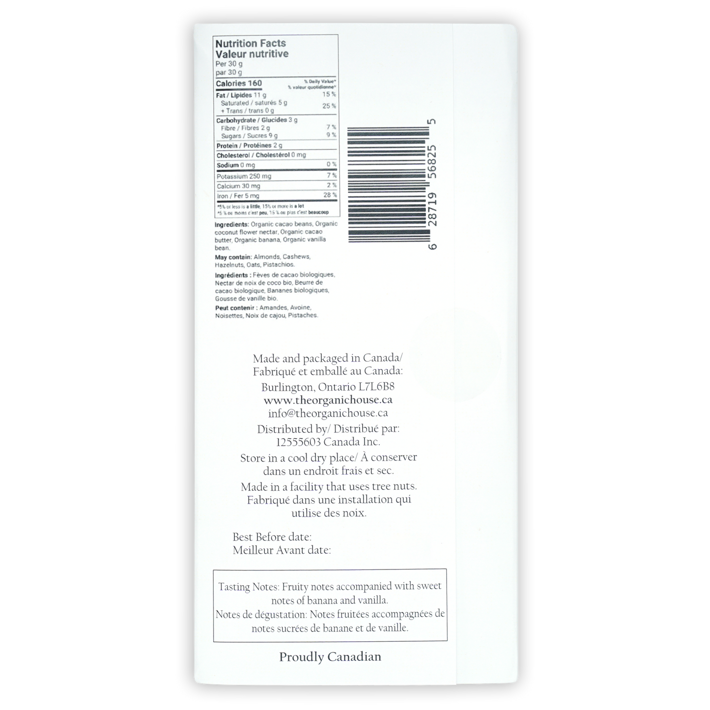Back of The Organic House Dark Banana Foster 65% label with bilingual nutrition facts