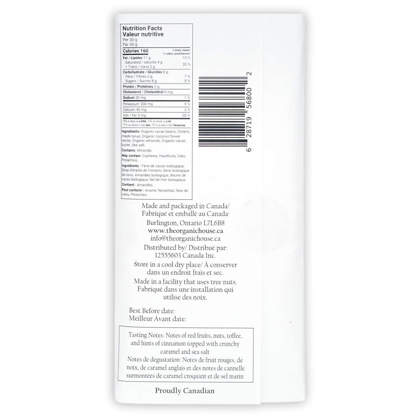 Back of The Organic House Dark w/ Caramel Chunks 70% organic snack label with bilingual nutrition facts and barcode