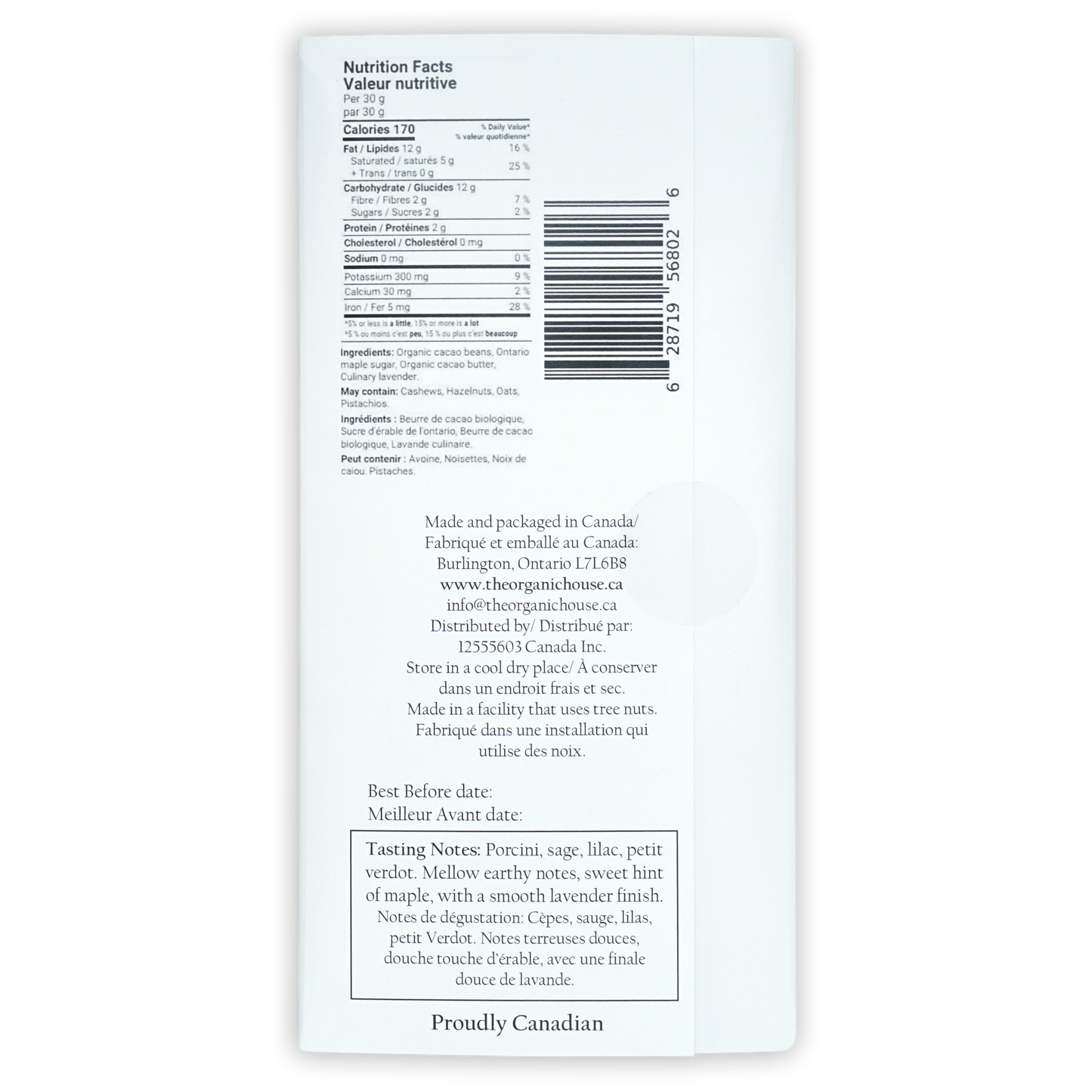 Back of The Organic House Dark Lavender Maple 70% package with bilingual labels