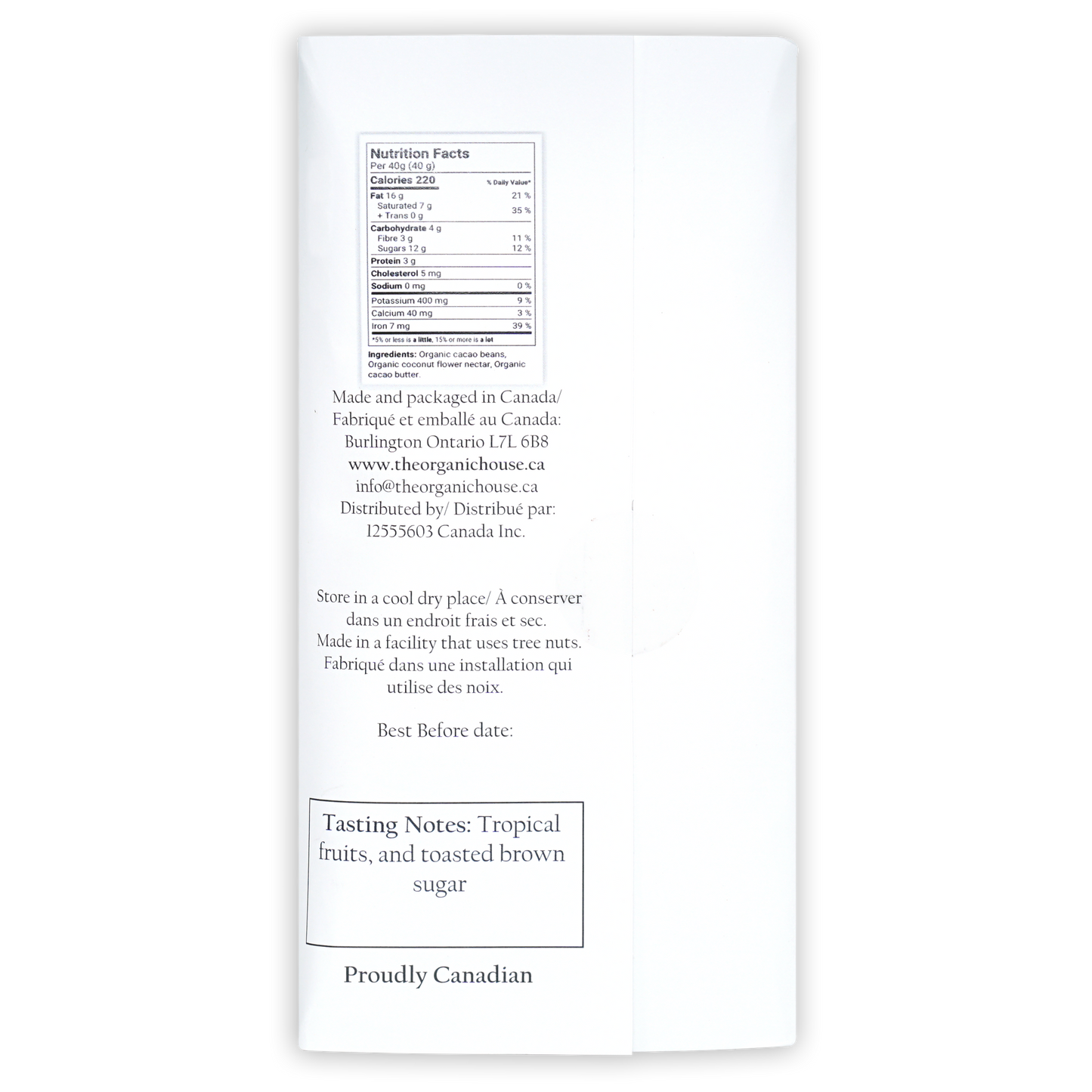 Back of The Organic House Dark Thailand Chanthaburi 70% cacao beans package with nutrition facts