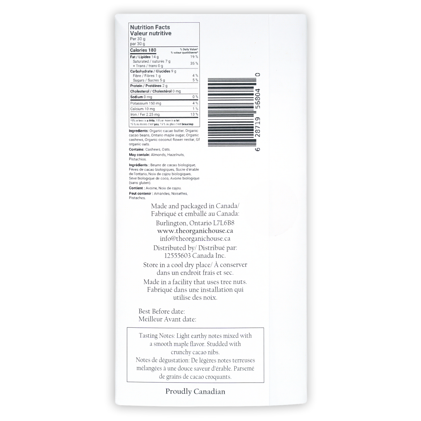 Back of The Organic House White Chocolate Cookies & Cream bar: Canadian organic nutrition label