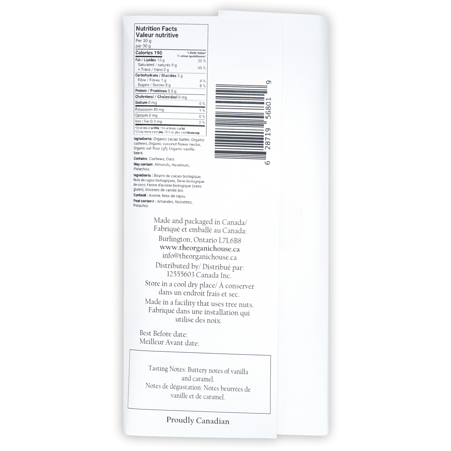 Back of The Organic House white chocolate creme brulee package with organic vanilla caramel flavor