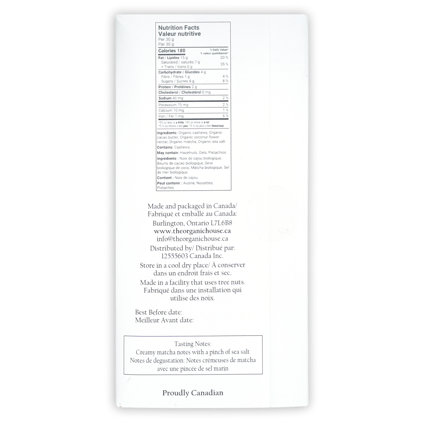 Back of The Organic House White Chocolate w/ Matcha Latte: organic matcha powder package with bilingual nutrition facts and tasting notes