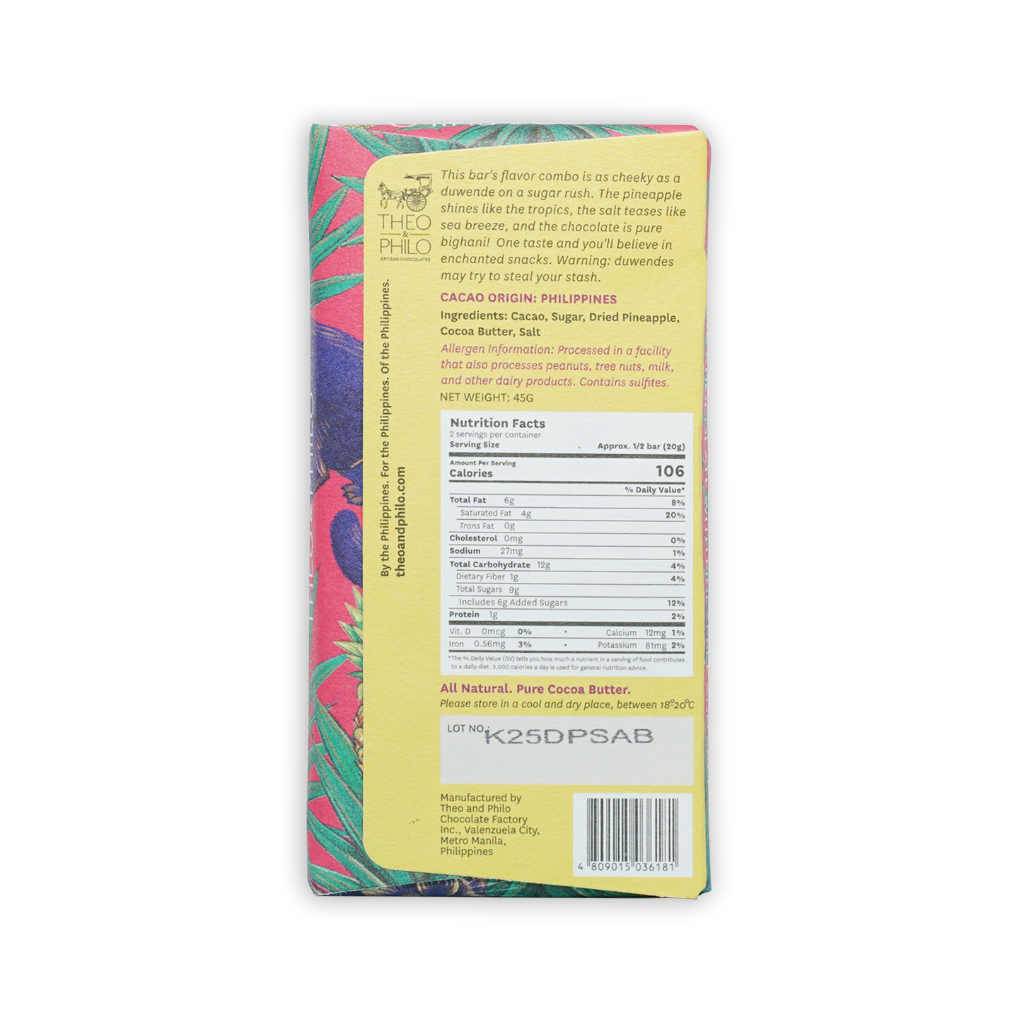 Theo & Philo dark chocolate with pineapple and salt 65% wrapper