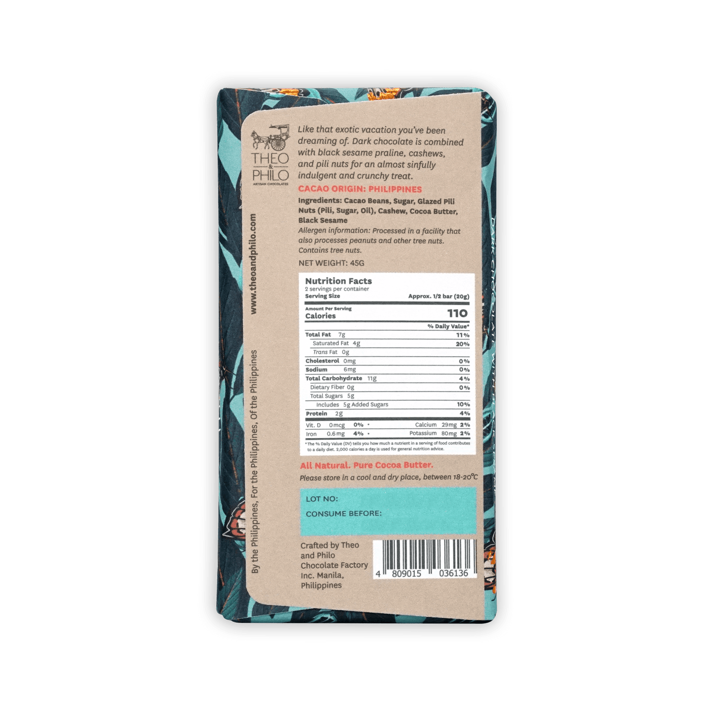 Theo & Philo Dark Chocolate w/ Black Sesame 65% wrapper from Philippines