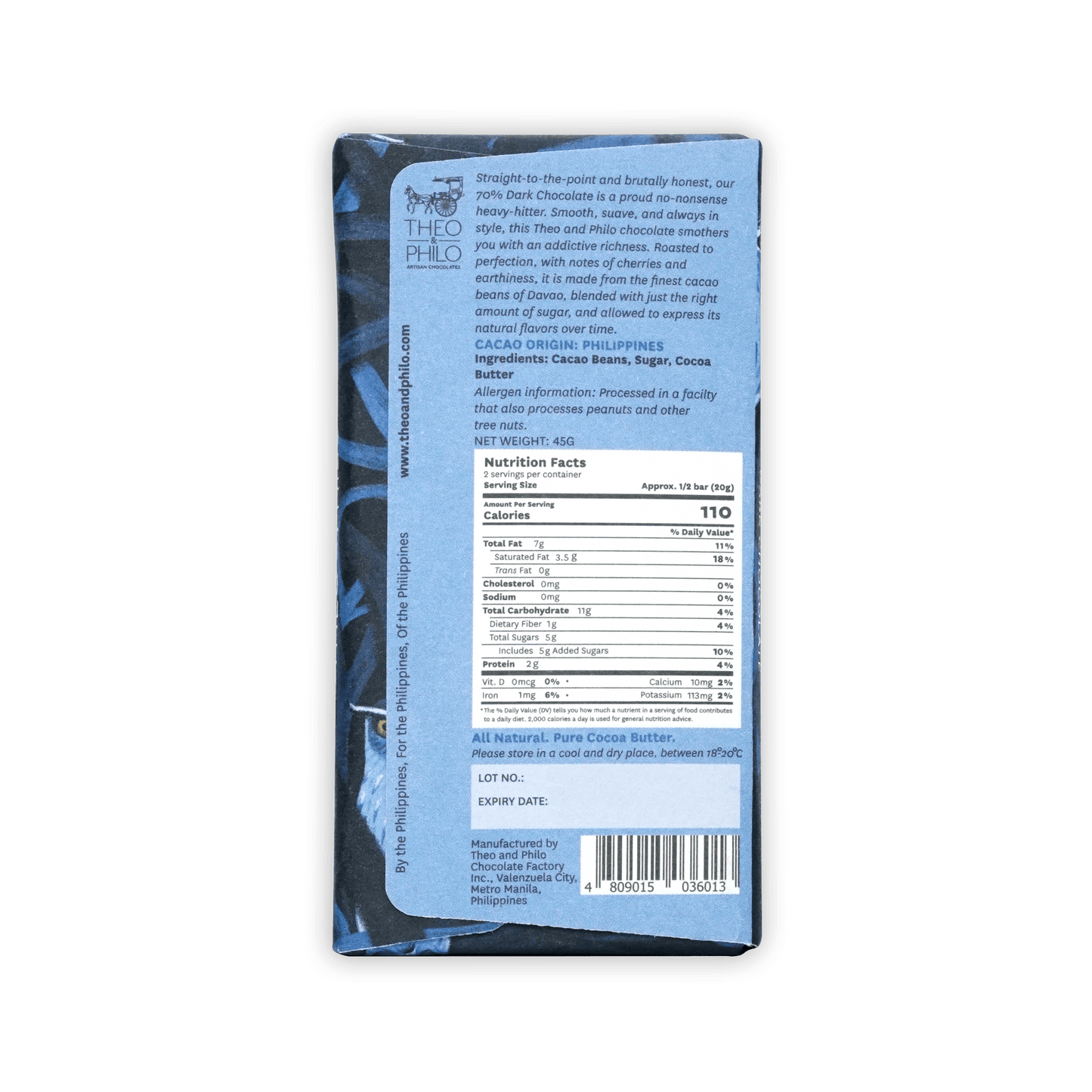 Theo & Philo 70% dark chocolate bar in blue foil with nutrition info