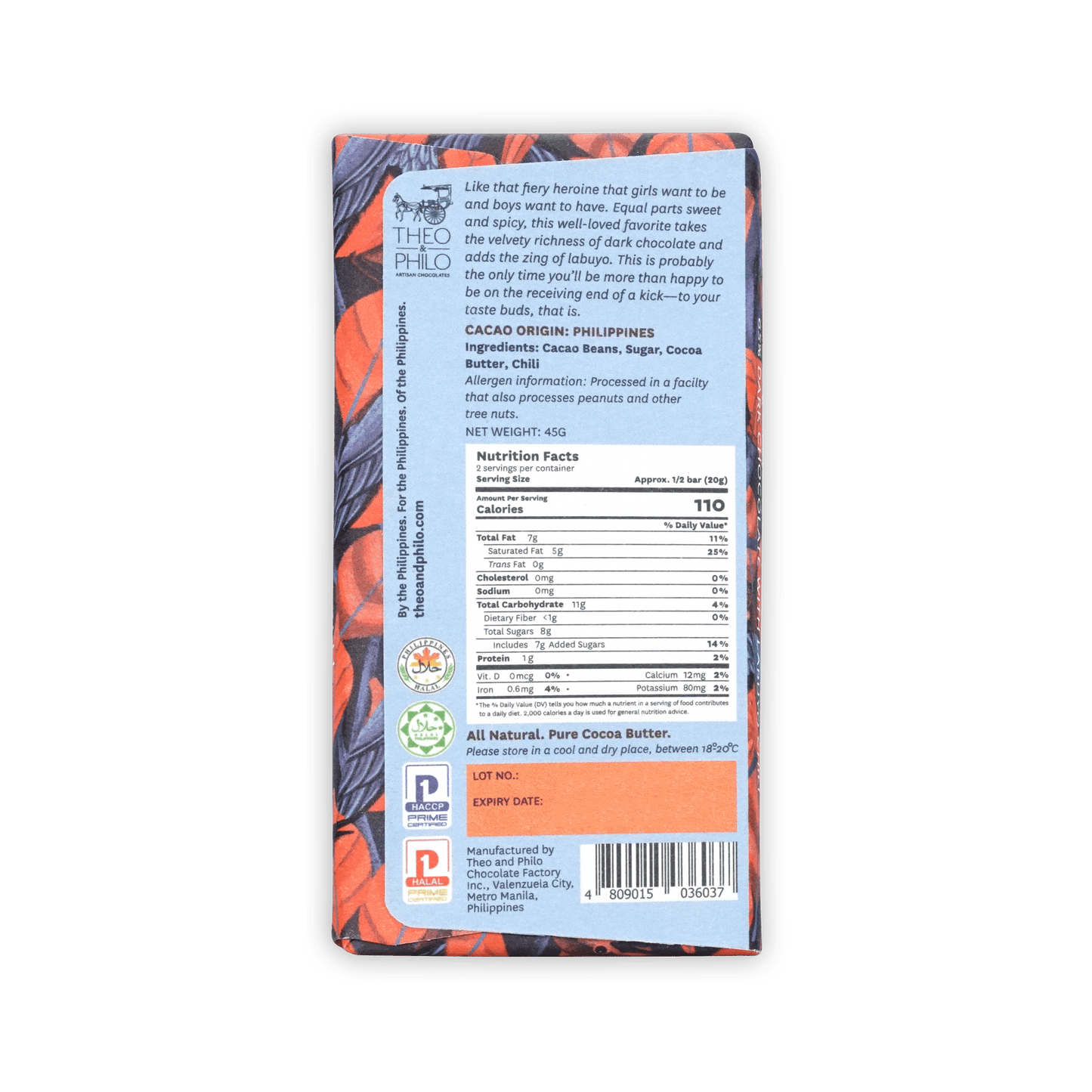 Back of Theo & Philo 65% dark chocolate with labuyo chili bar wrapper