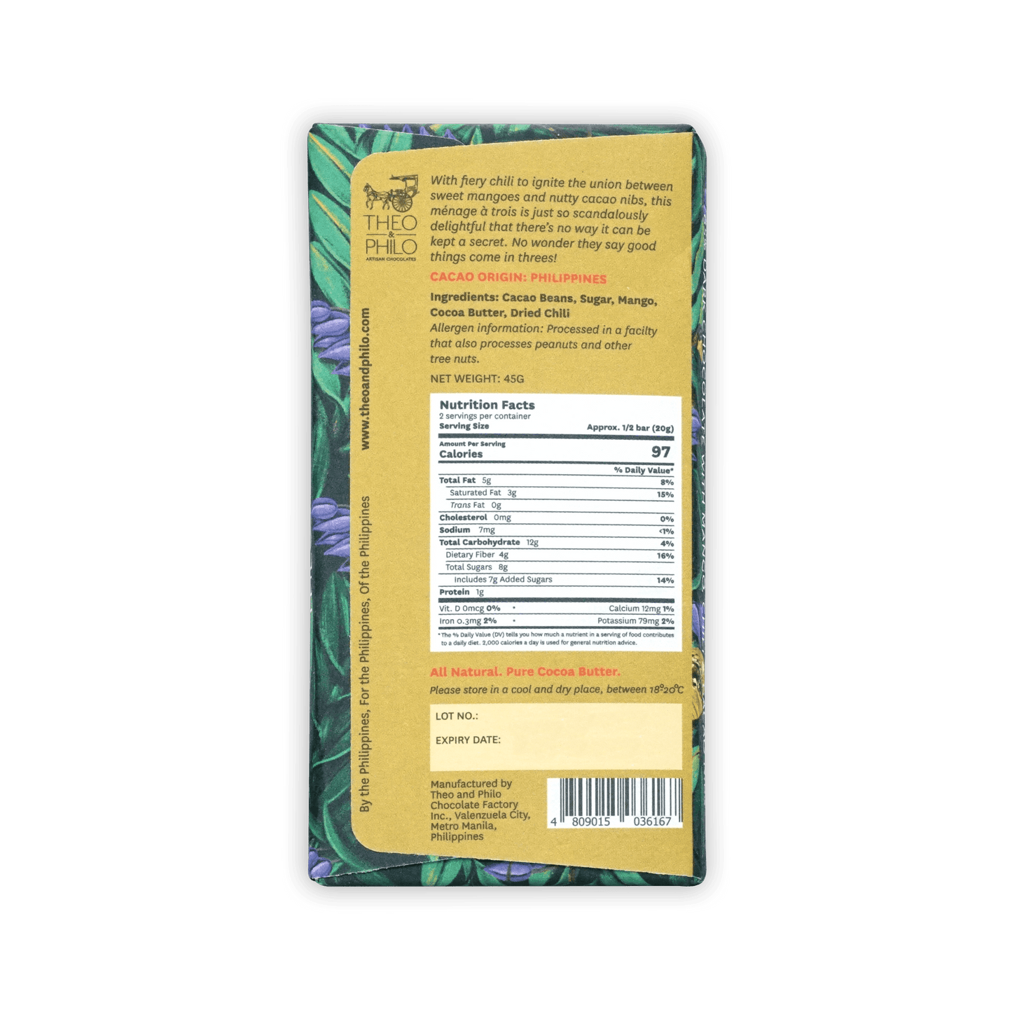 Back of Theo & Philo 65% dark chocolate with mango chili nibs wrapper