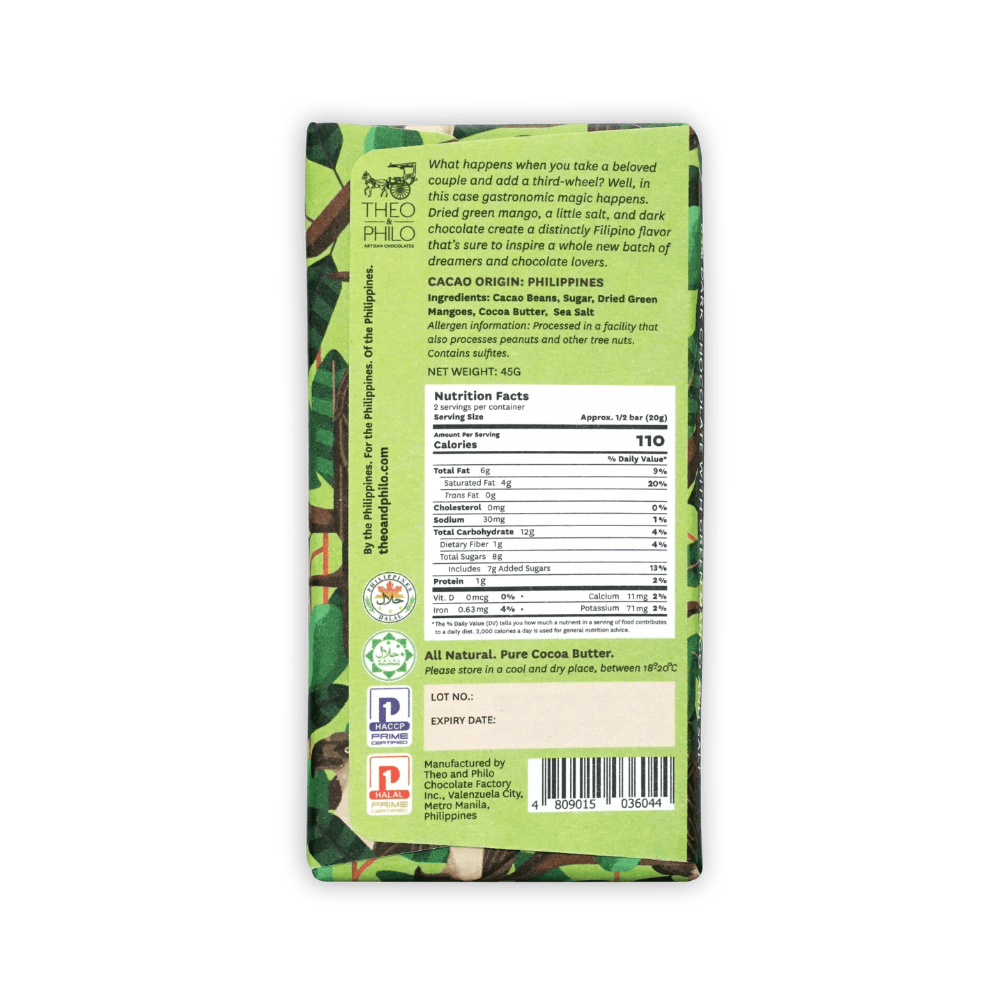 Theo Philippines cacao origin chocolate bar with green mango and salt