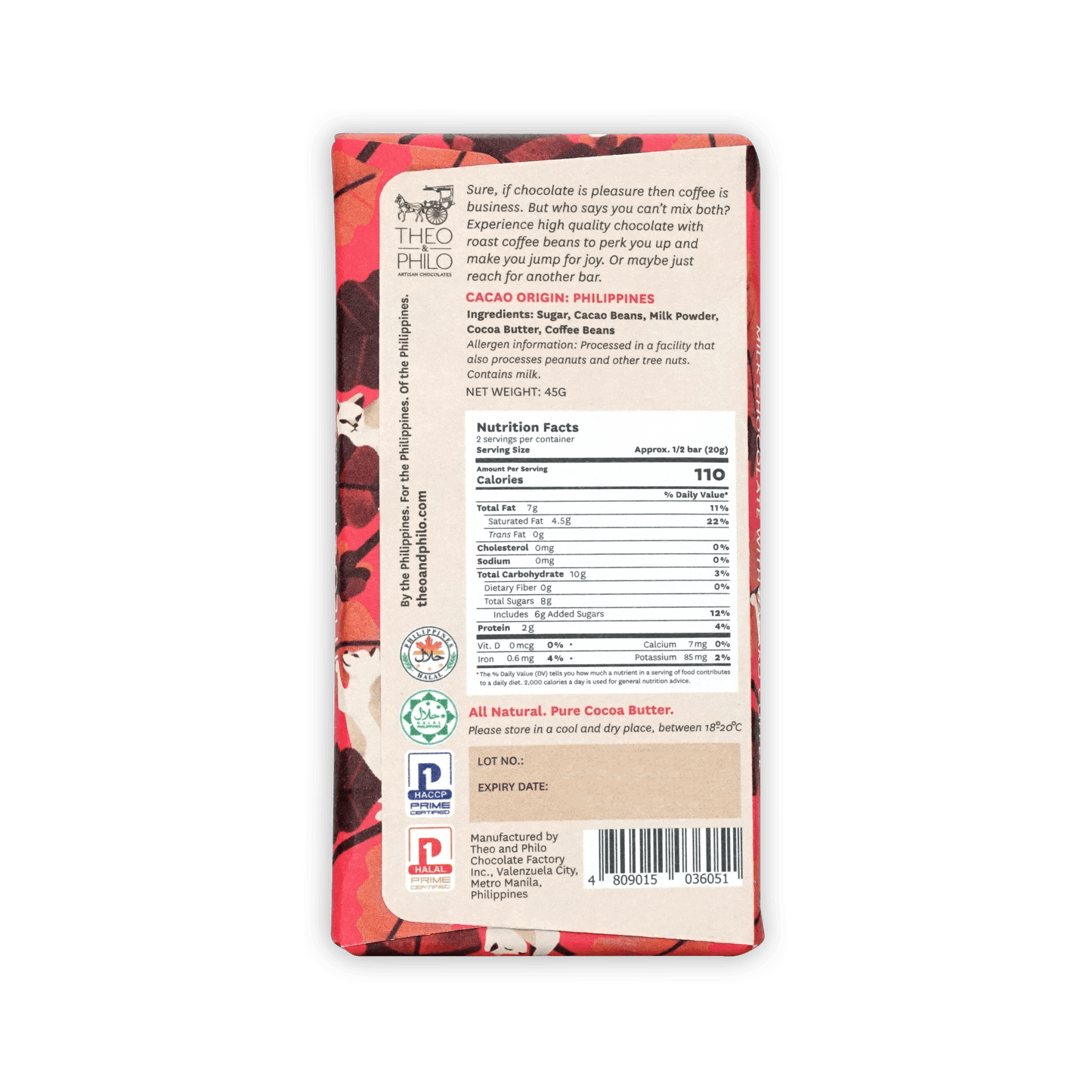 Theo & Philo milk chocolate with Barako Coffee bar wrapper