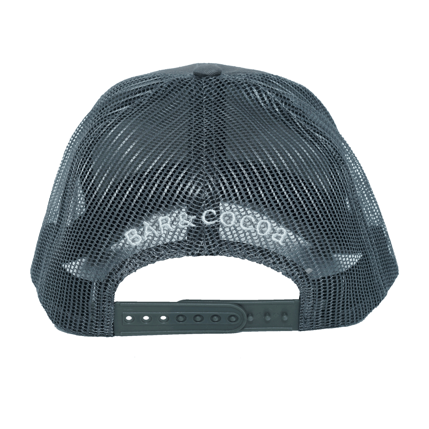 Back of dark gray mesh Theobromine Chocolate Trucker Hat with white bar & cocoa logo