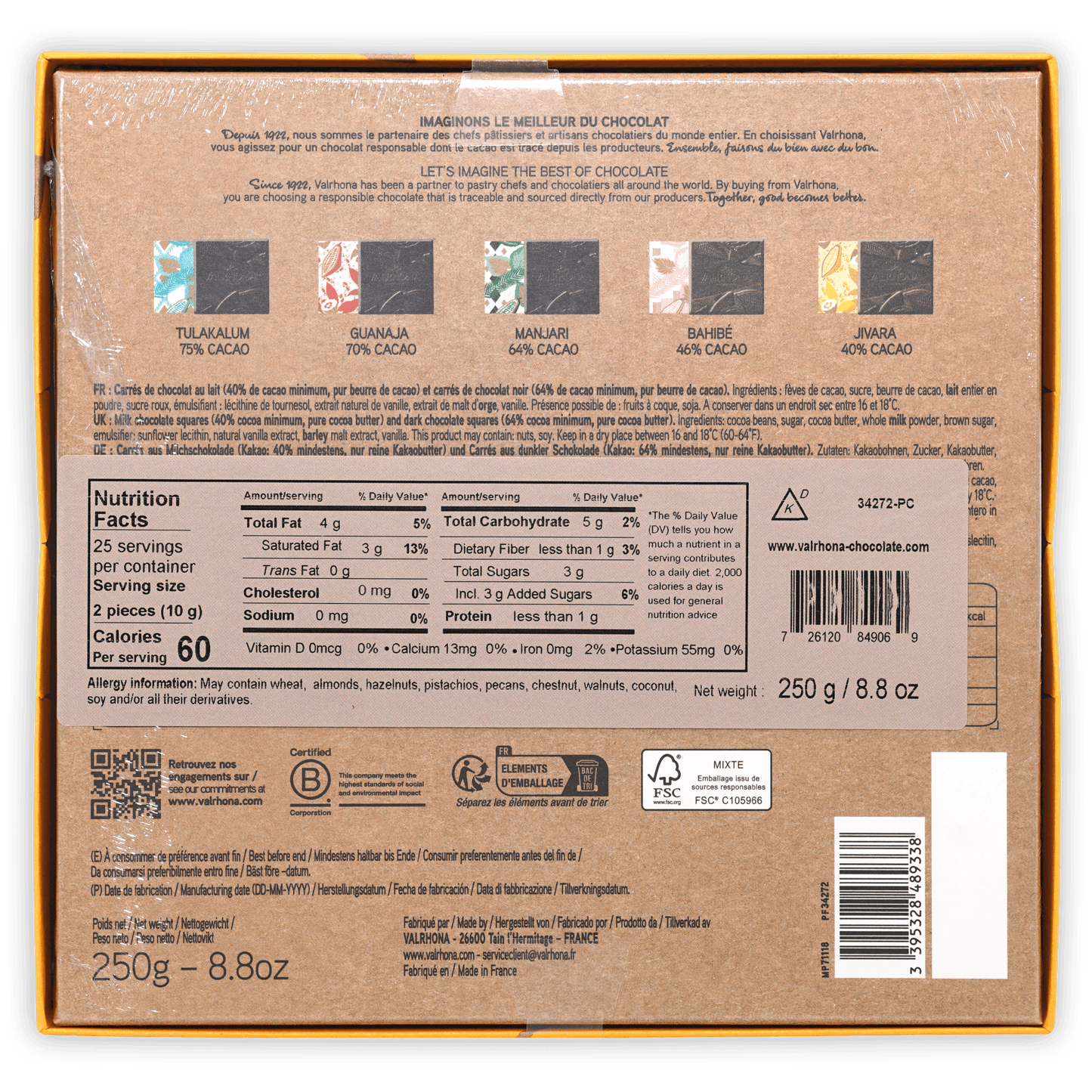 Back of Valrhona Mini Squares Mixed 50 pcs gift box with flavors