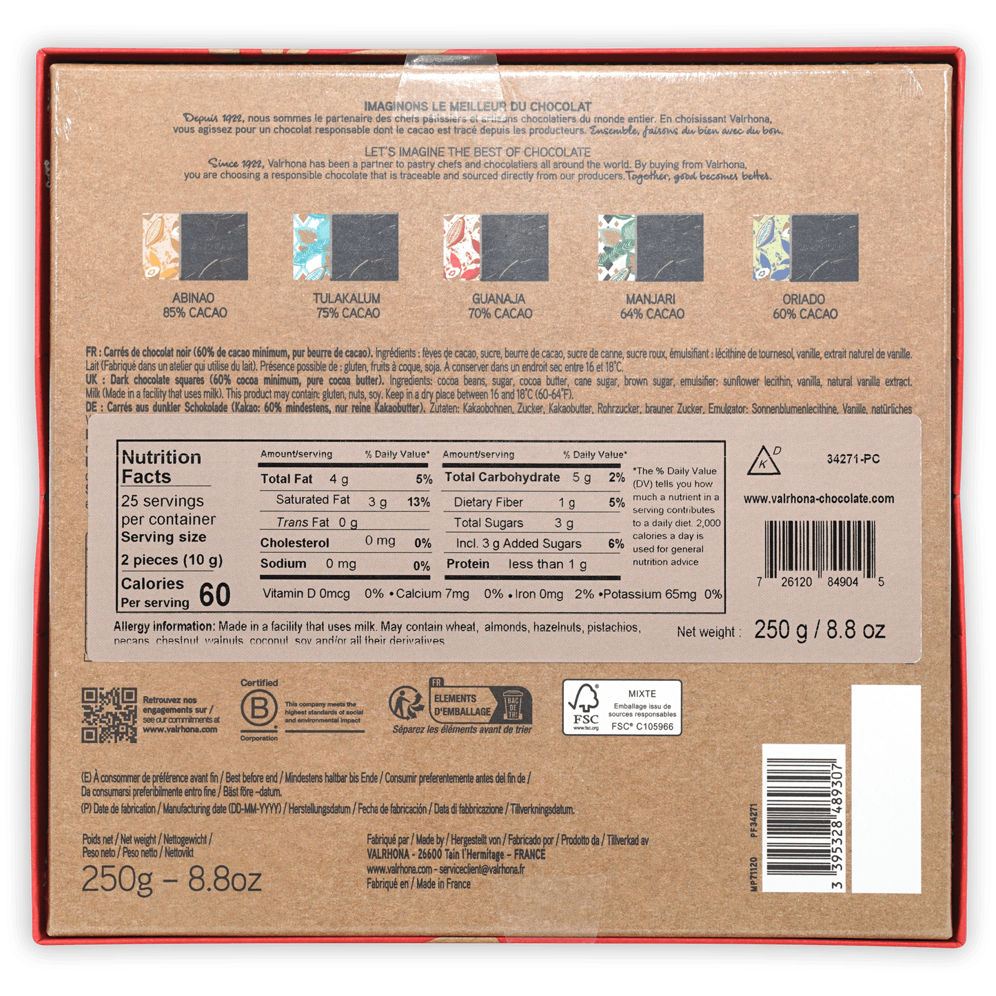 Back of Valrhona Mini Squares Dark Grand Crus gift box with multilingual text and 5 dark chocolate bars