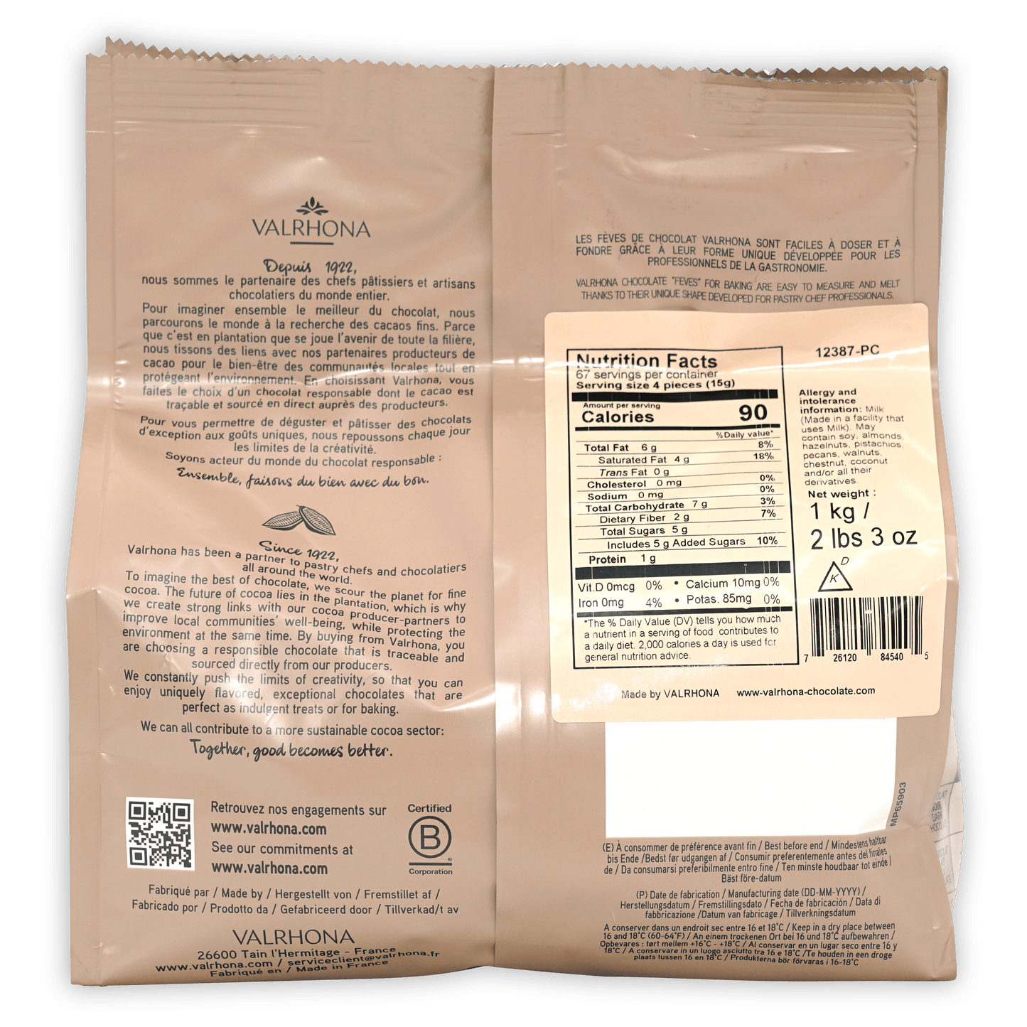 Back of Valrhona Caraibe 66% dark chocolate bar wrapper with nutrition info