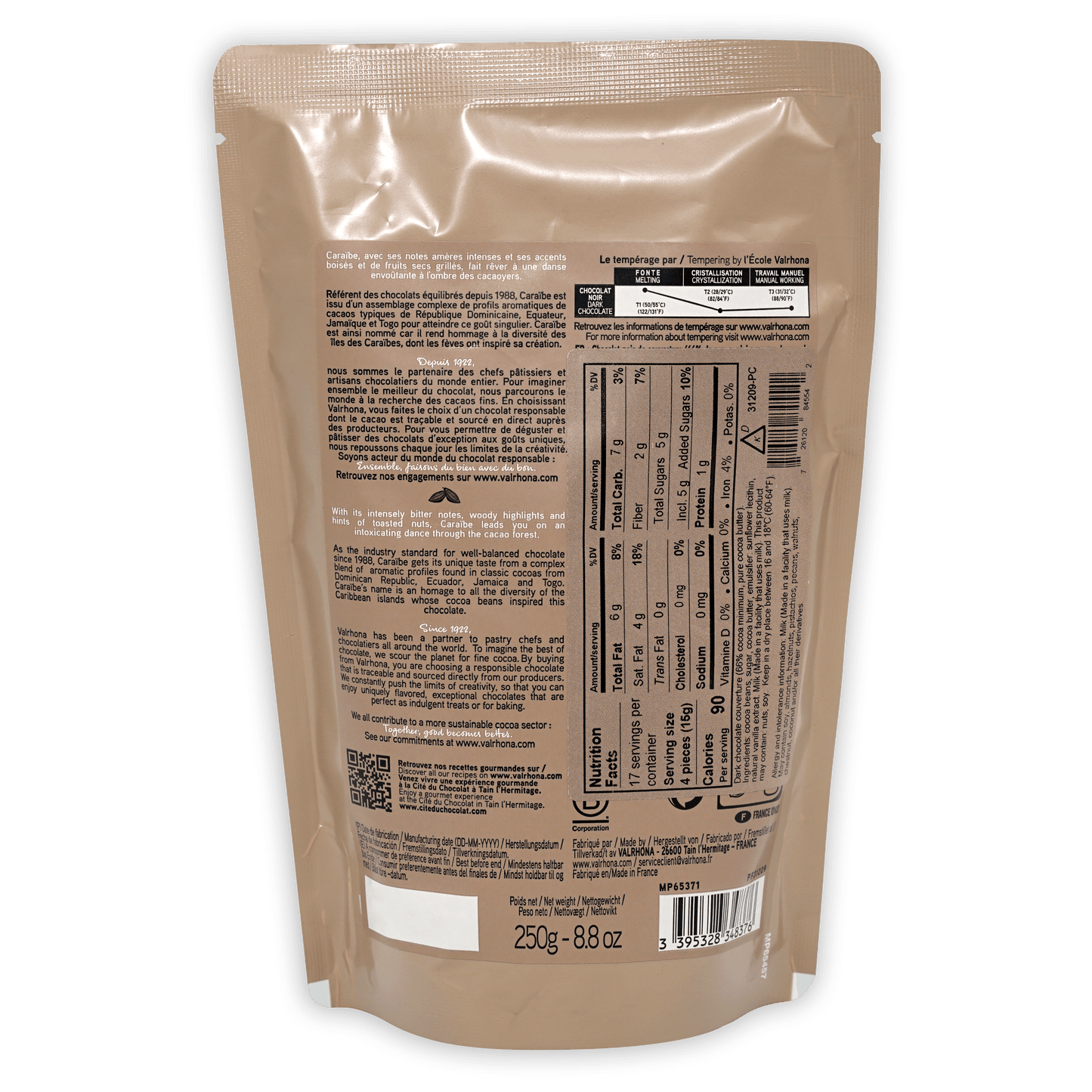 Valrhona Caraibe 66% dark chocolate baking feves pouch back view