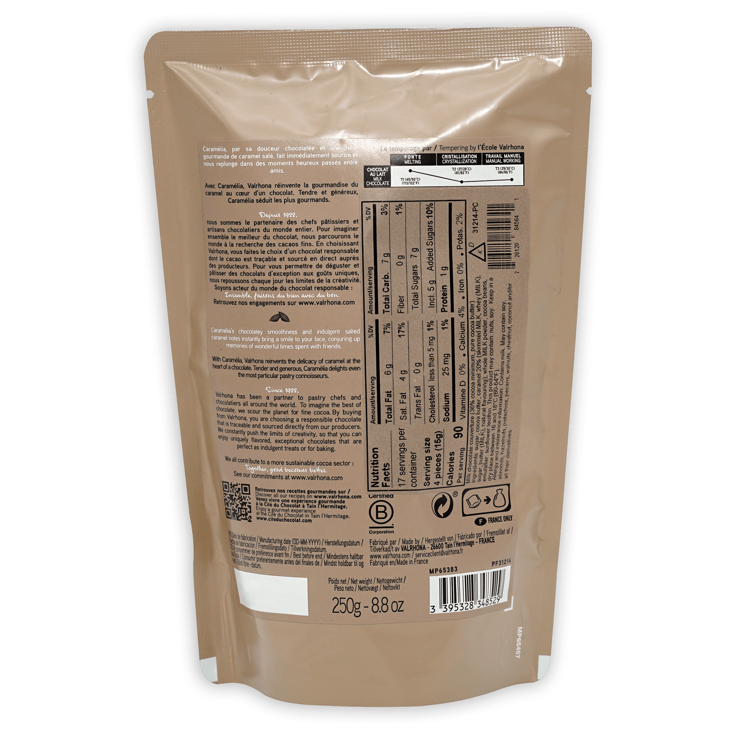 Back of Valrhona Baking Feves Caramelia 36% beige foil pouch with nutrition info