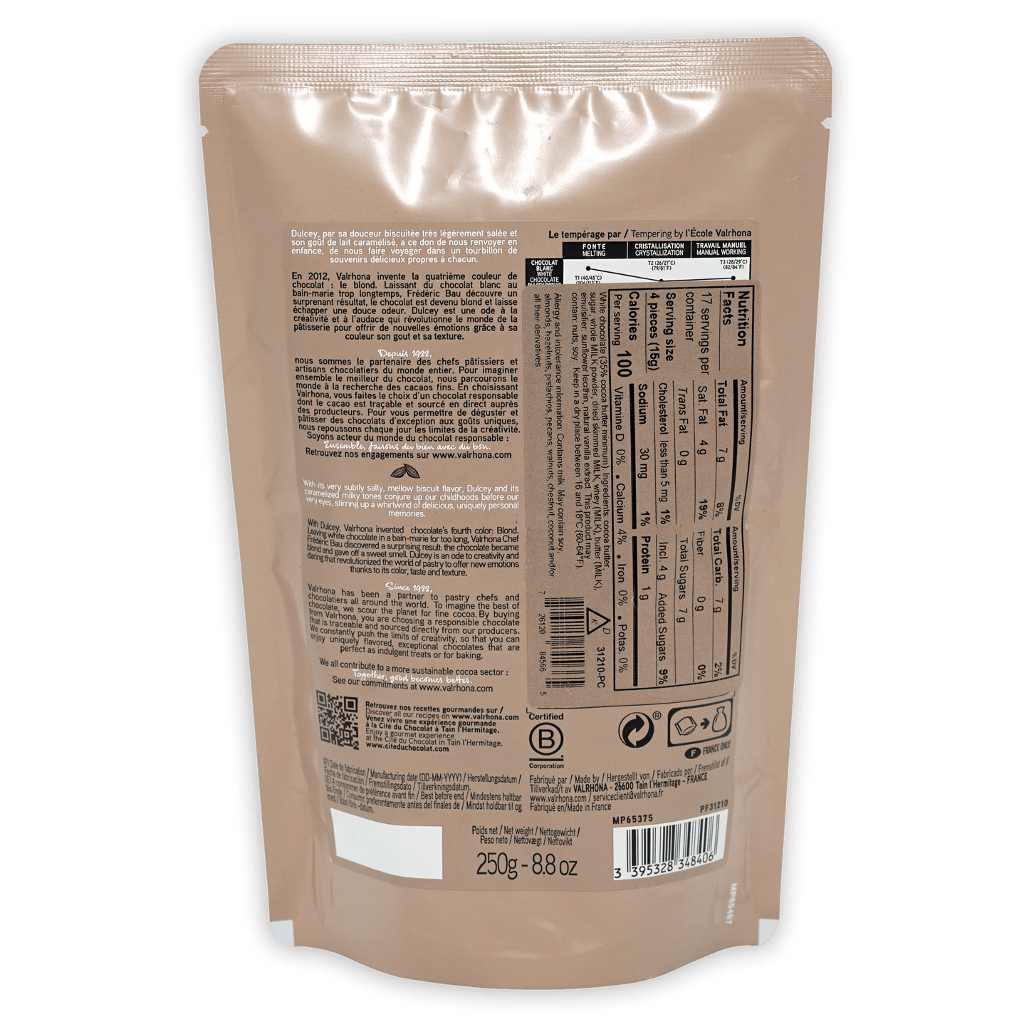 Valrhona Baking Feves Dulcey Blond 35% white chocolate resealable pouch