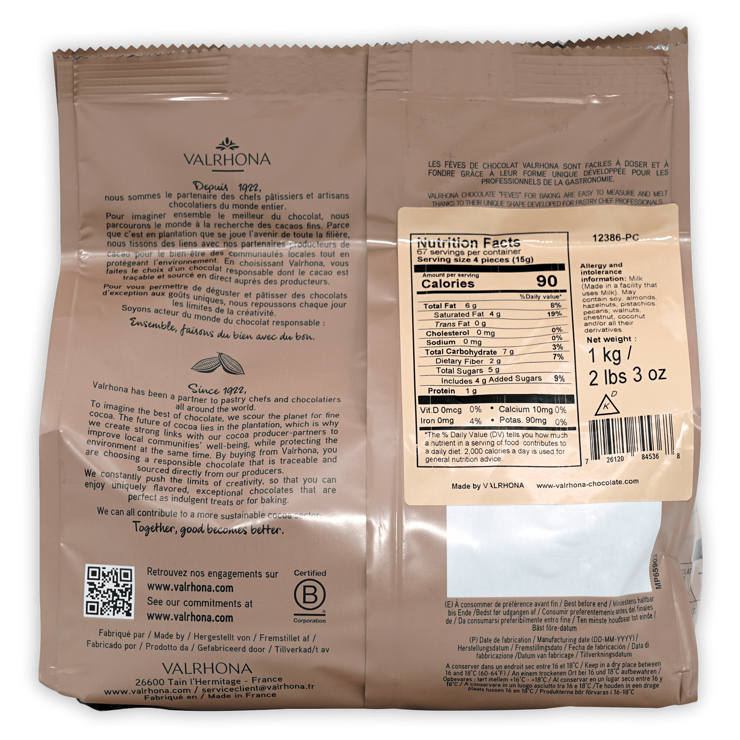 Valrhona Guanaja 70% dark chocolate bar back with French text and nutrition