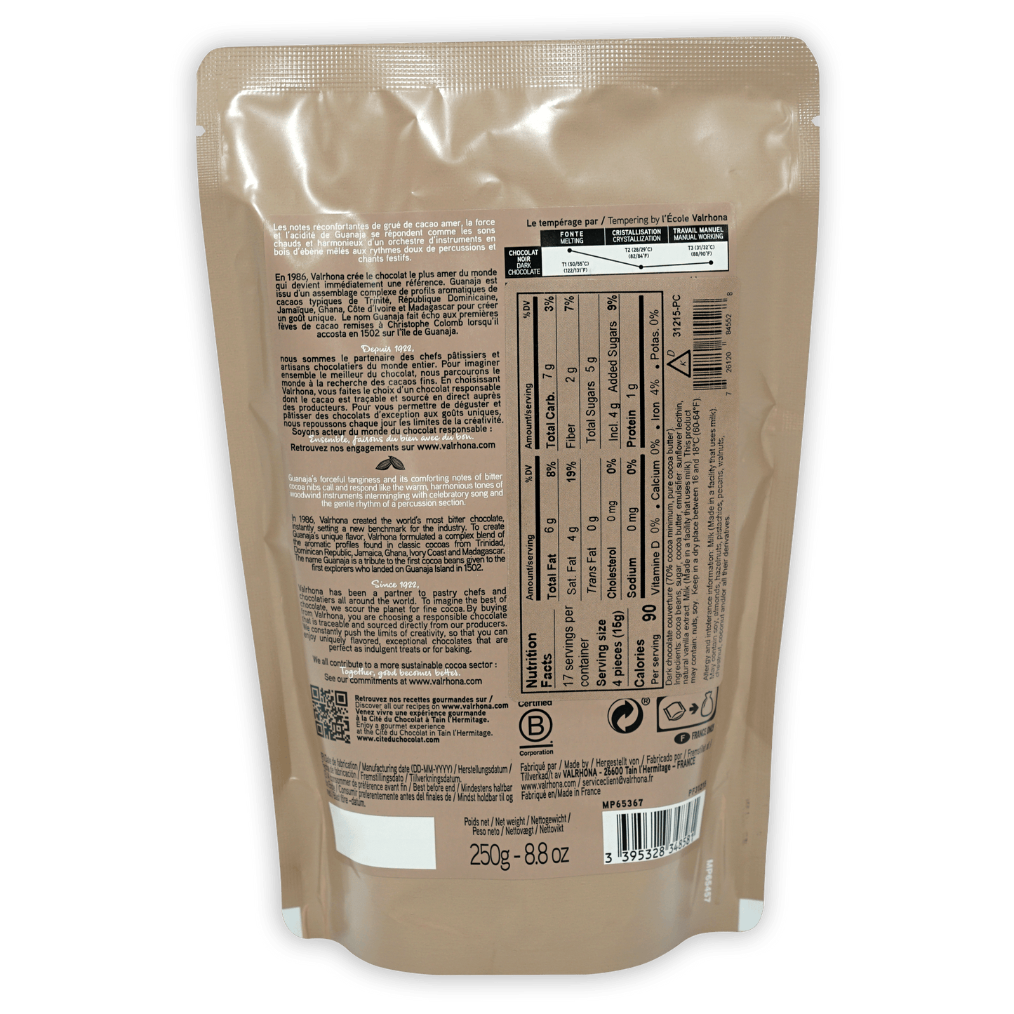 Valrhona Guanaja 70% dark chocolate baking feves in glossy beige foil package