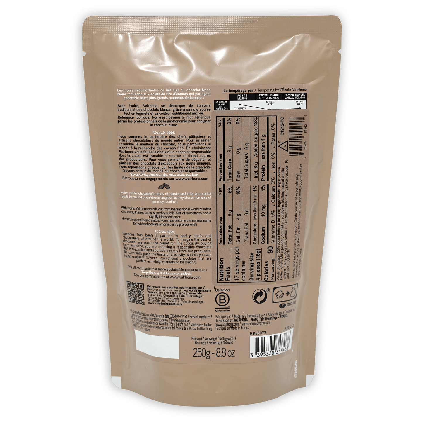 Valrhona Ivoire white chocolate 35% resealable beige pouch
