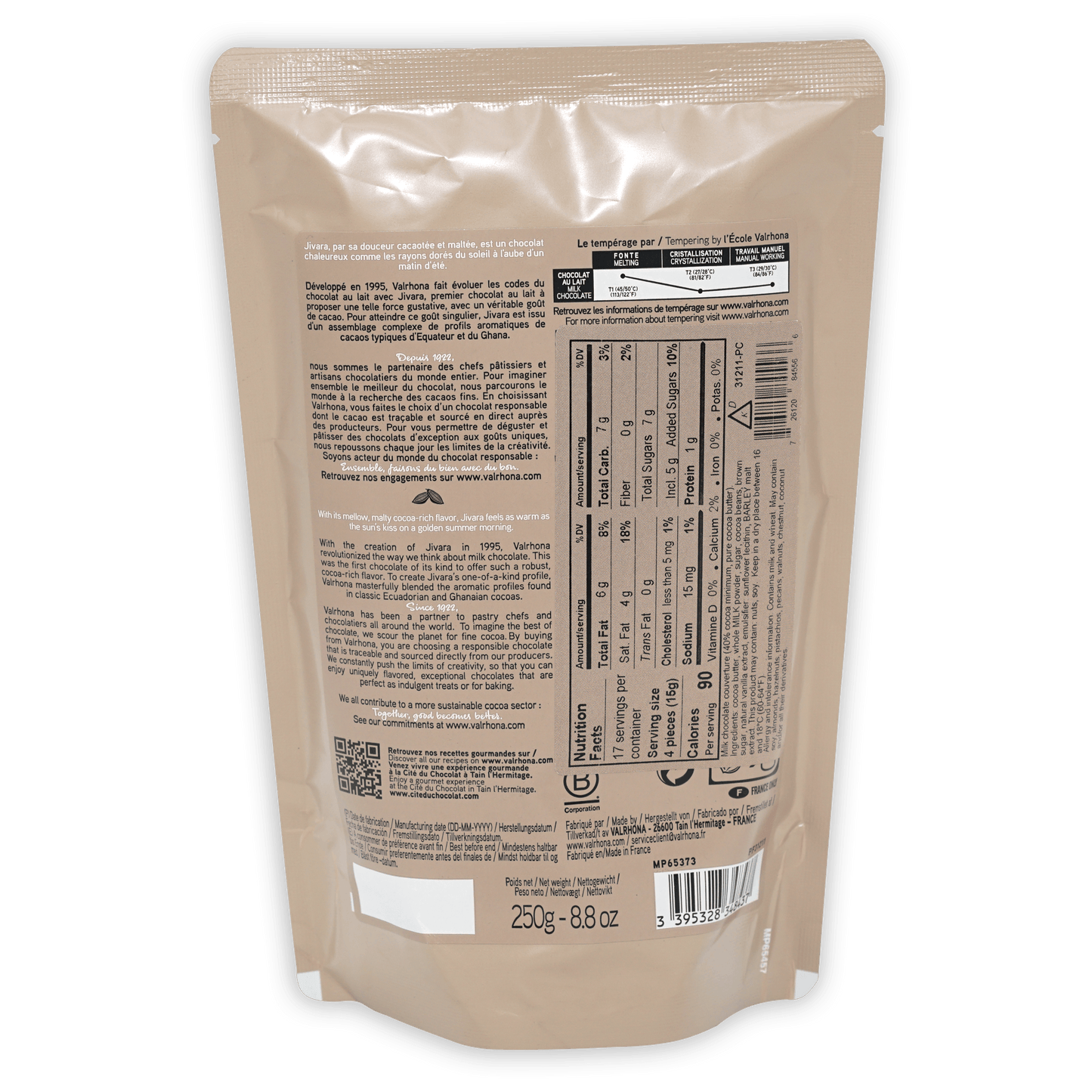 Back of Valrhona Jivara 40% milk chocolate feves 250g beige foil bag