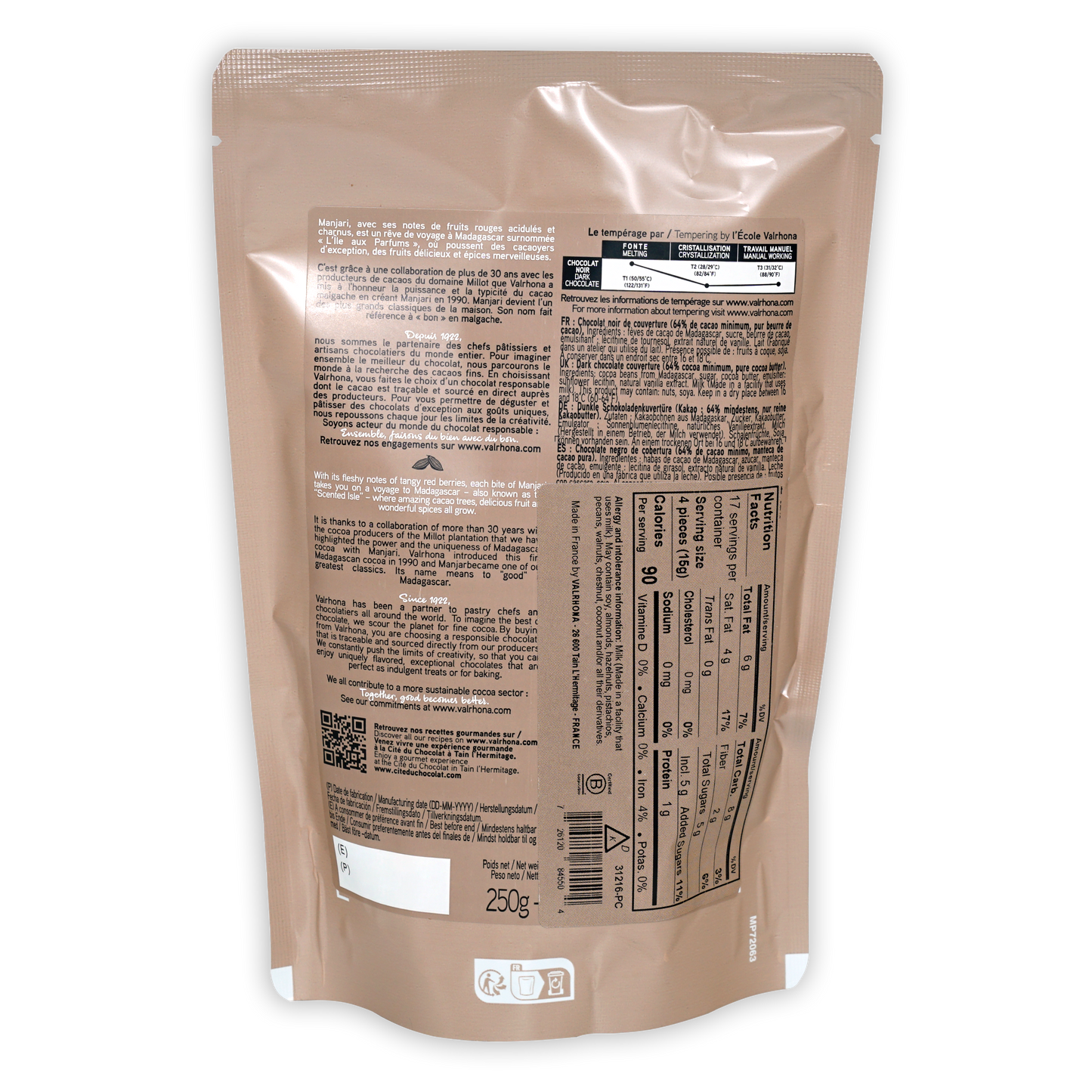Valrhona Manjari 64% dark chocolate feves beige matte pouch back with nutrition info