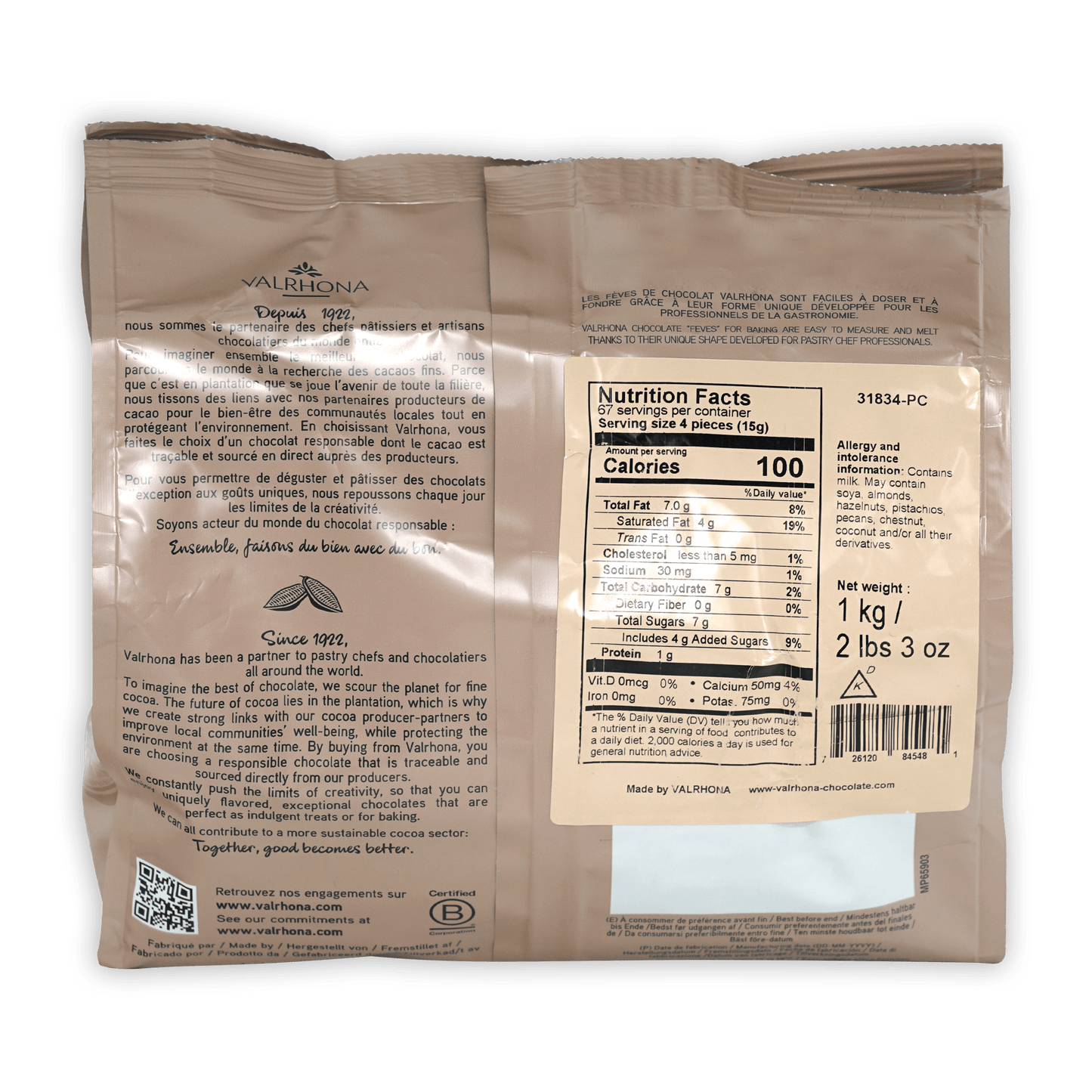 Back of Valrhona Dulcey Blond 35% chocolate bag with nutrition info